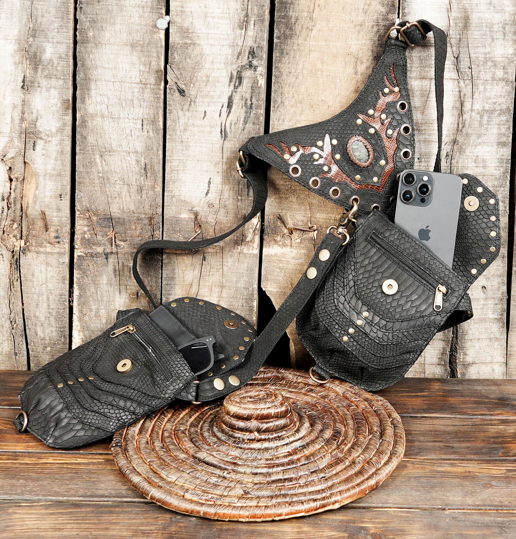 Black Textured Leather Dual Pouch Holster || Gothic Style Leather Utility Holster (LT/AB/HLS/6107)