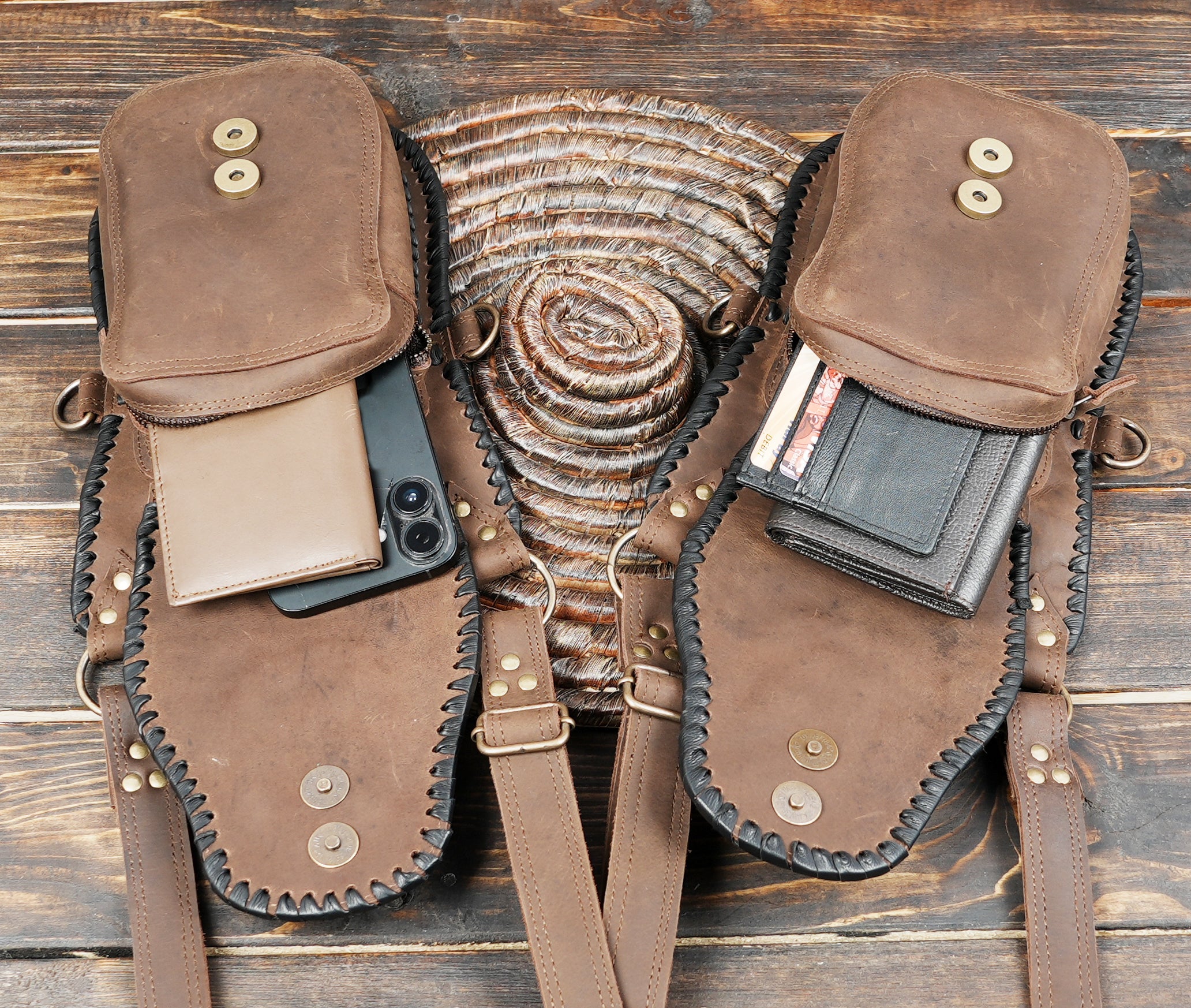 Boho leather harness holster with gemstone embellishments