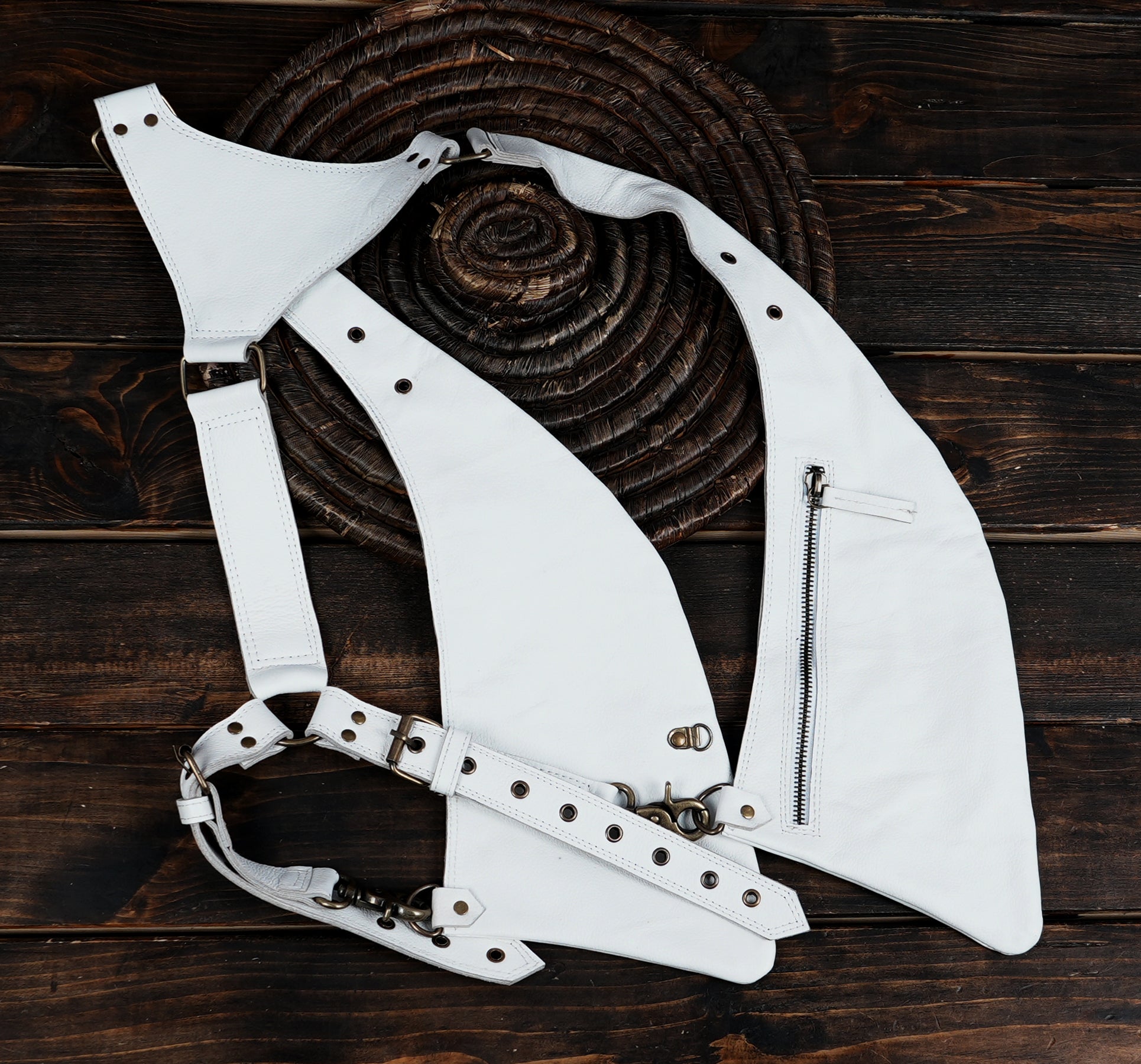 Fashionable white leather body rig for travel