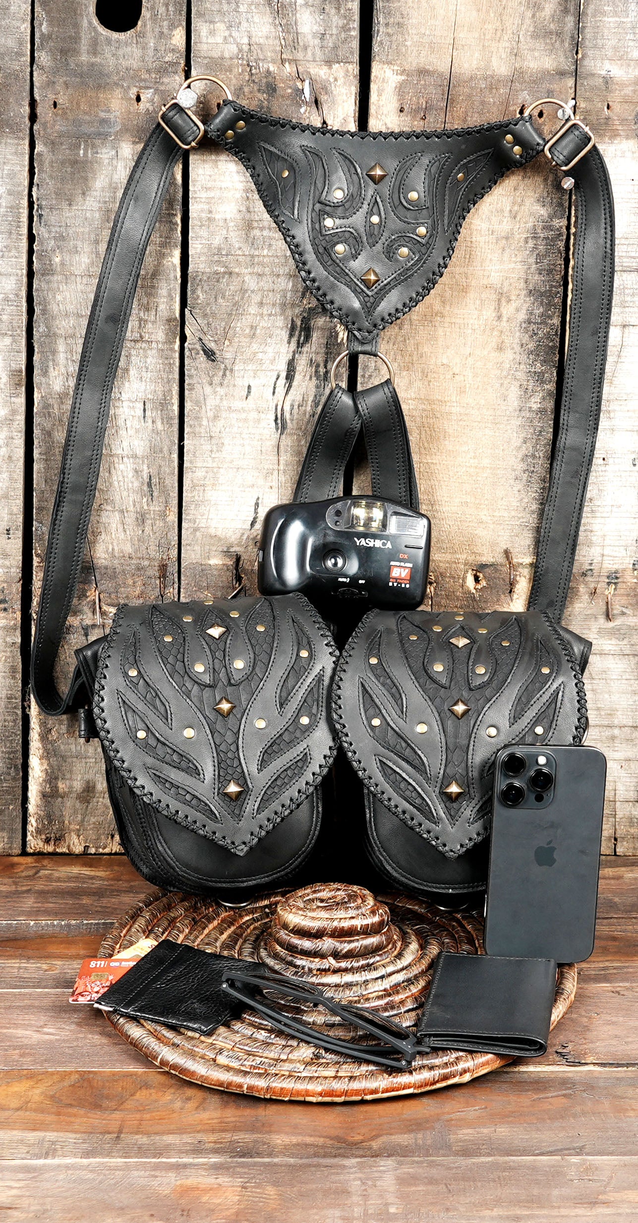 Buy Black Leather Holster Waistcoat, Shoulder Bag, Holster, Double Utility Bag, Unisex, adjustabel fit body 