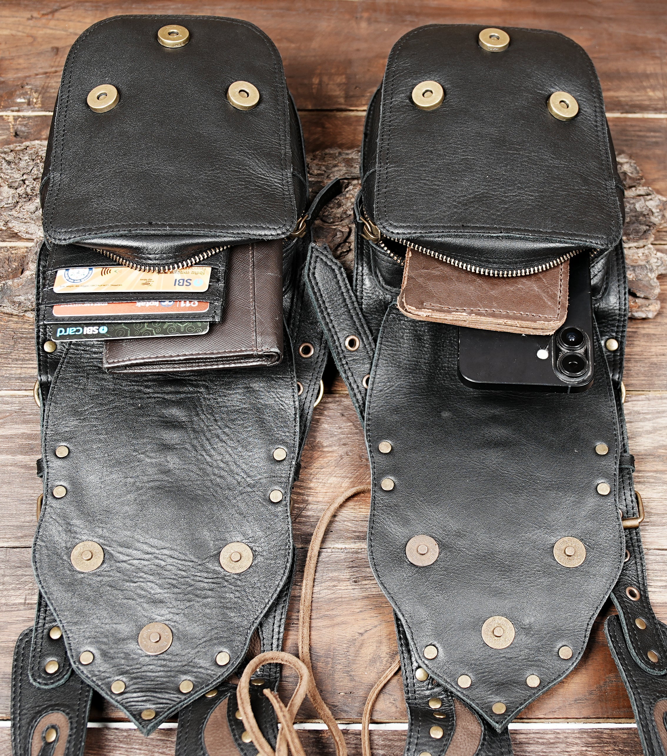 Shoulder Harness Double Side Bag Black Suede Leather for mobile pack and biker style 