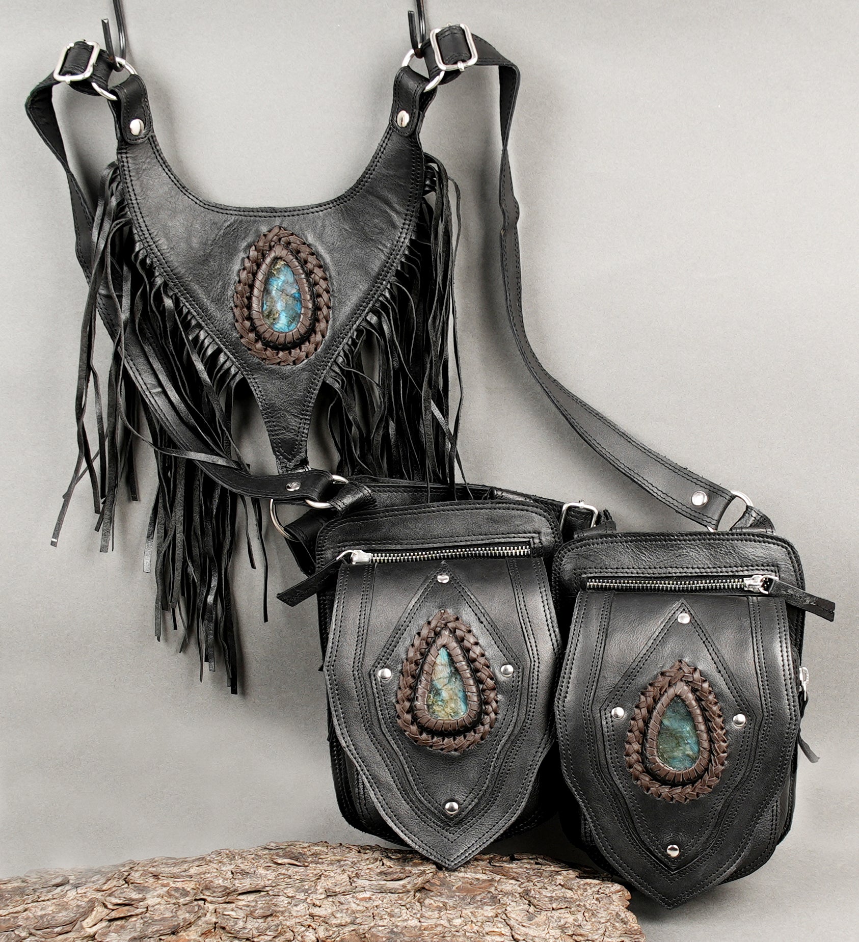 Dual pouch gemstone leather holster with adjustable straps
