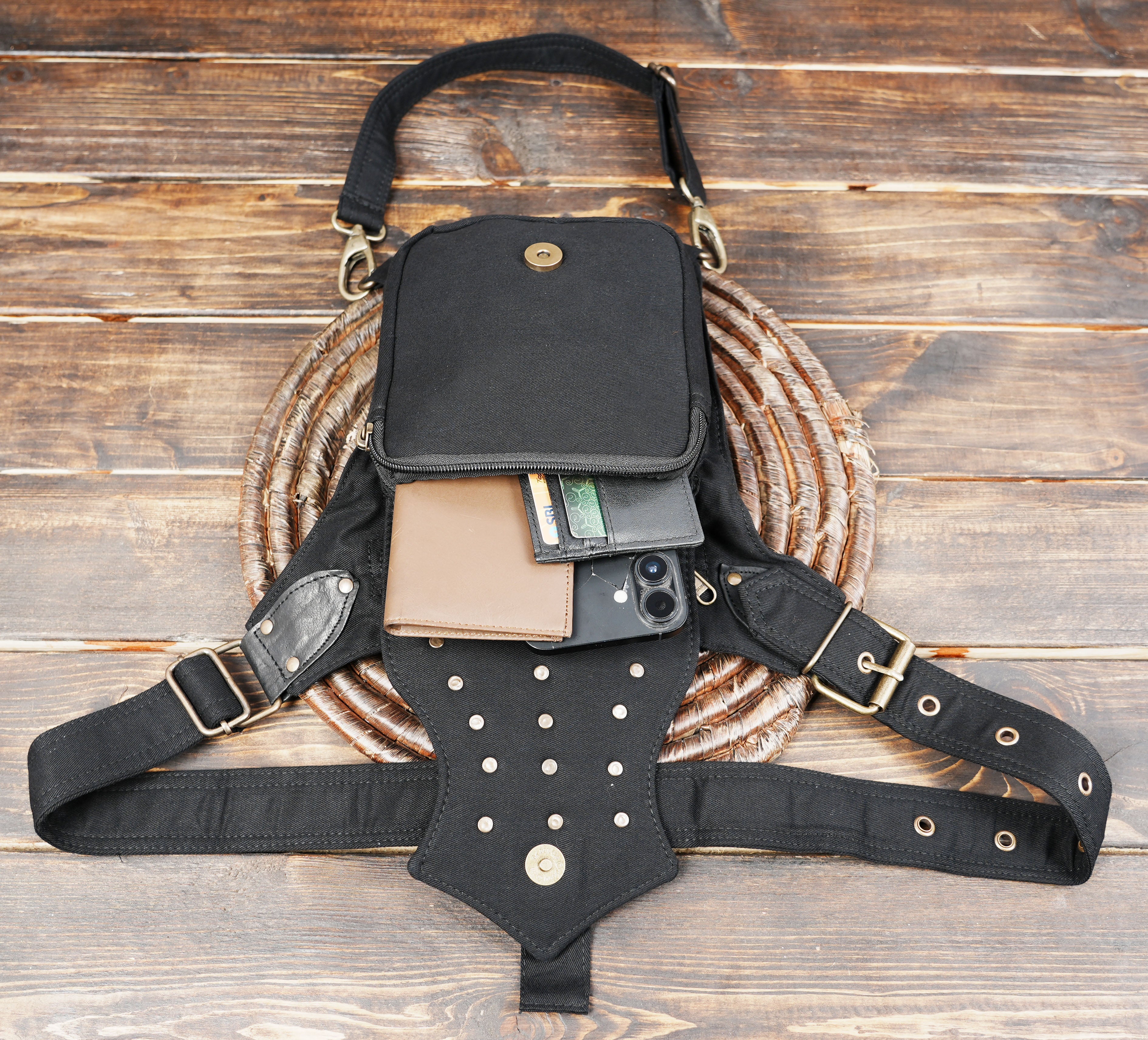 Gothic cyberpunk canvas waist pack with metal D-rings and adjustable thigh strap.
