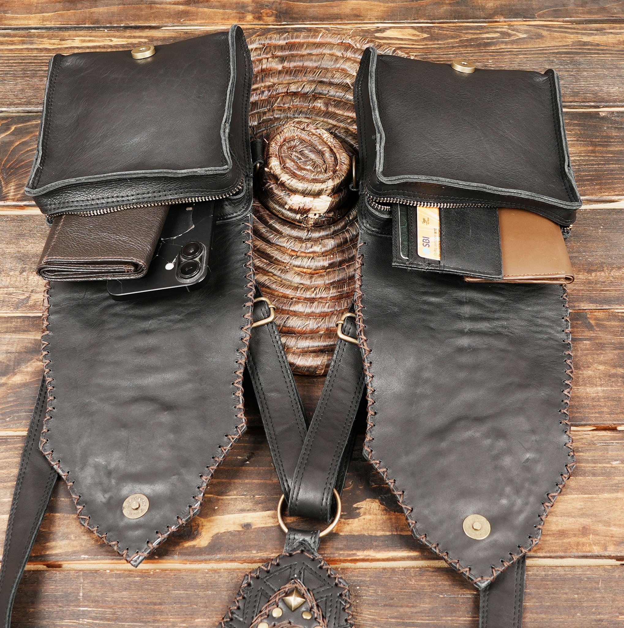 Black Leather Holster Harness With Labradorite Gemstone || Geometric Pattern Leather Holster Bag Set || Festival Black Leather Holster (LT/AB/HLS/6010)
