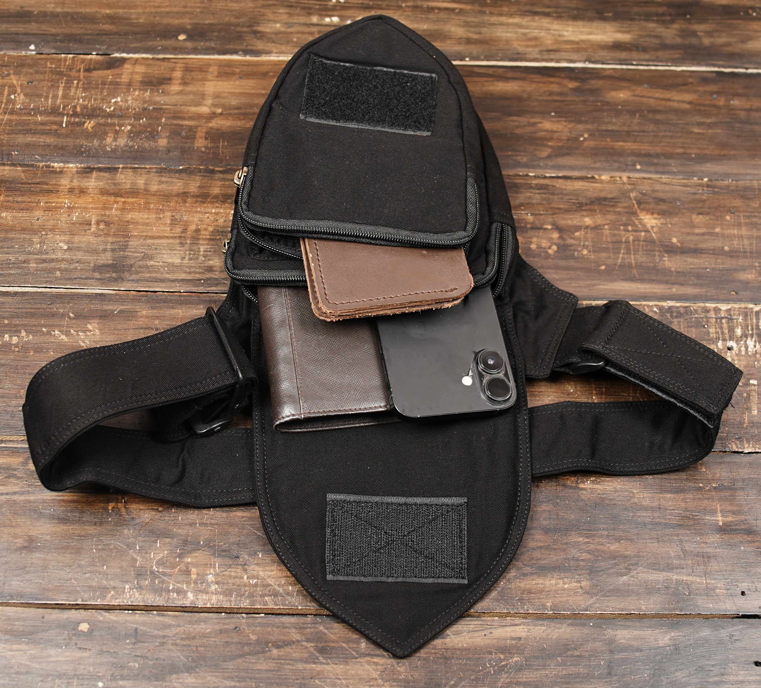 Handmade Black Cotton Belt Bag, Festival Hip Pouch, Adjustable Utility Waist Pack, Travel Fanny Pack