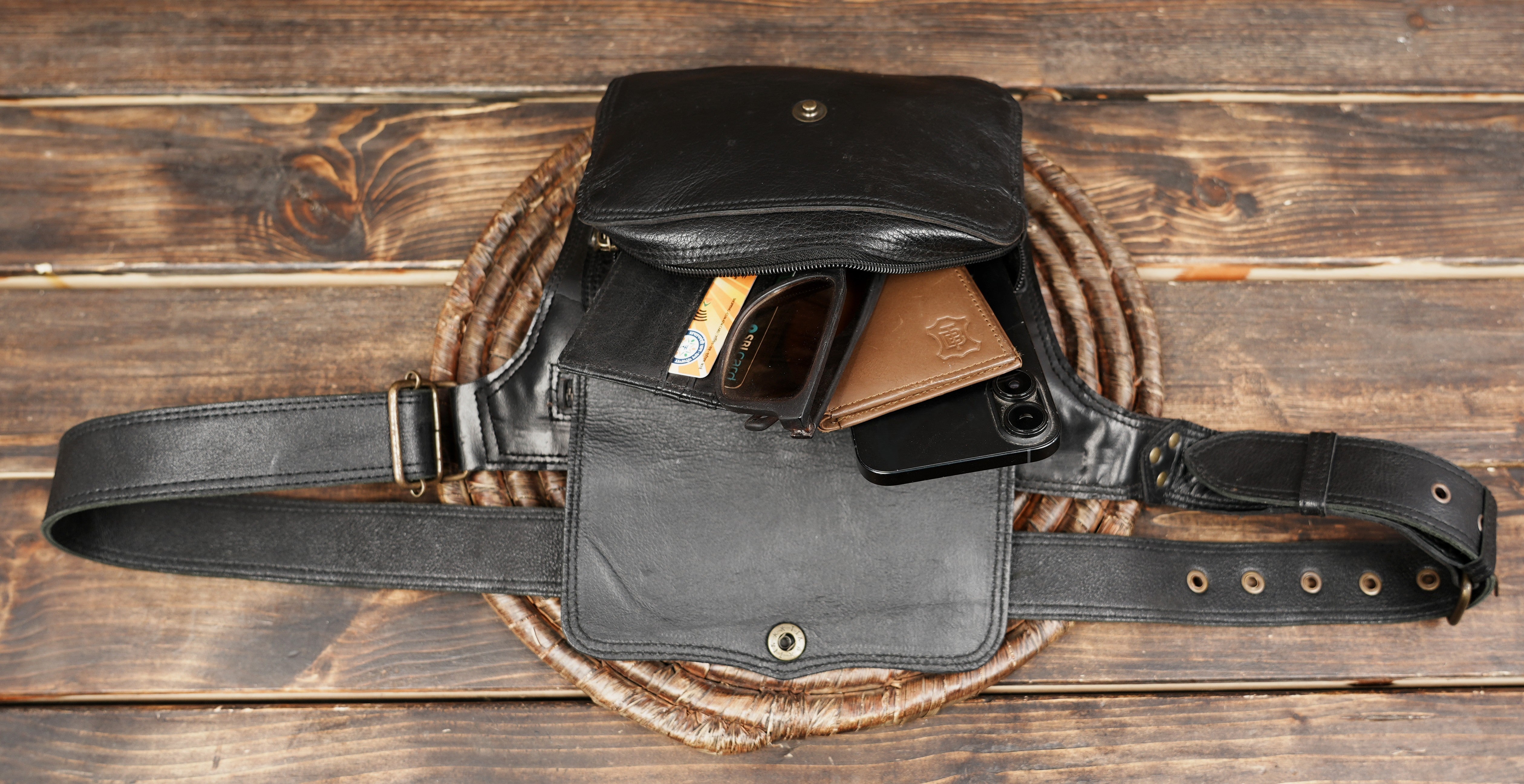 Handmade leather hip belt bag with easy-access pockets