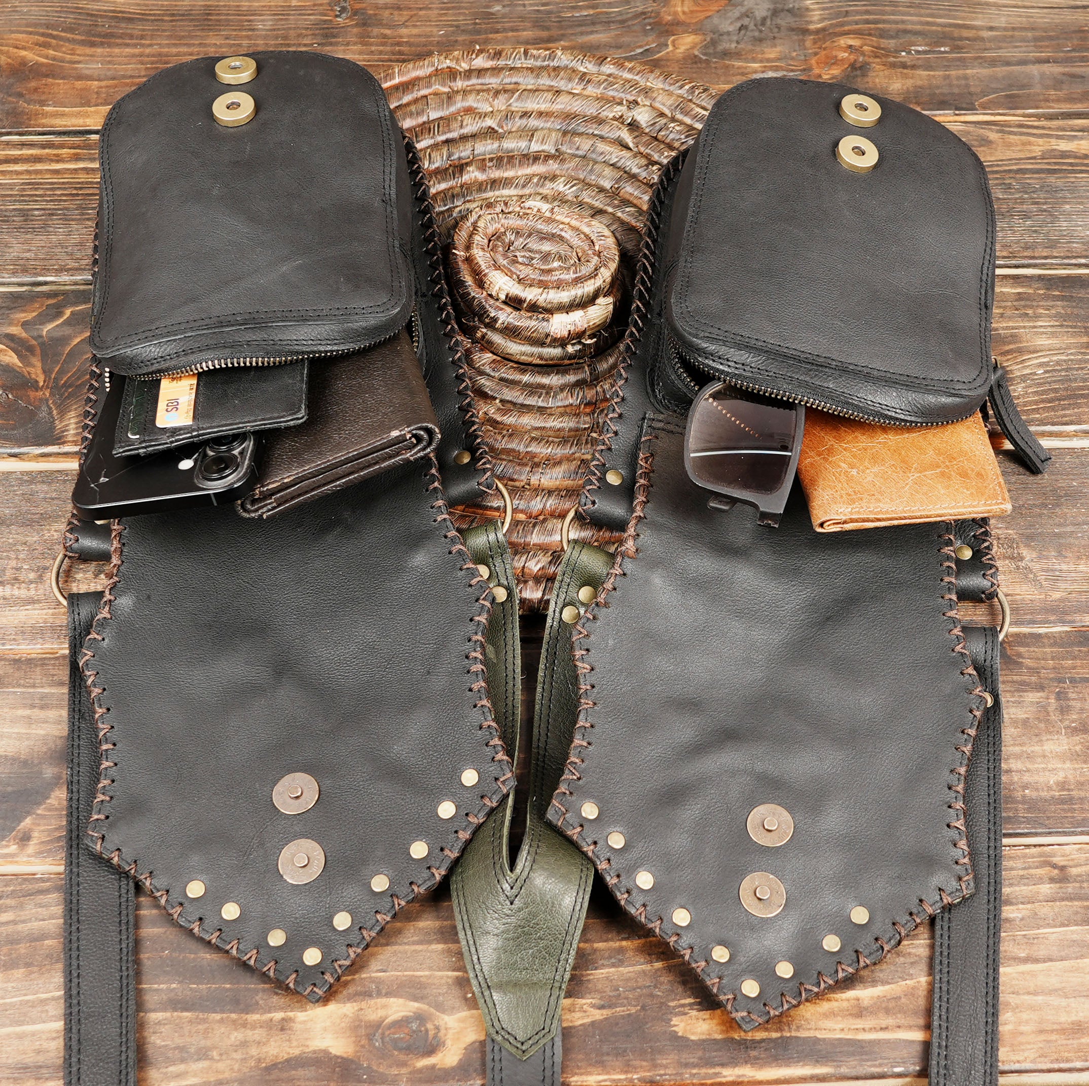 Boho tribal leather shoulder holster with hand-stitched brown detailing.