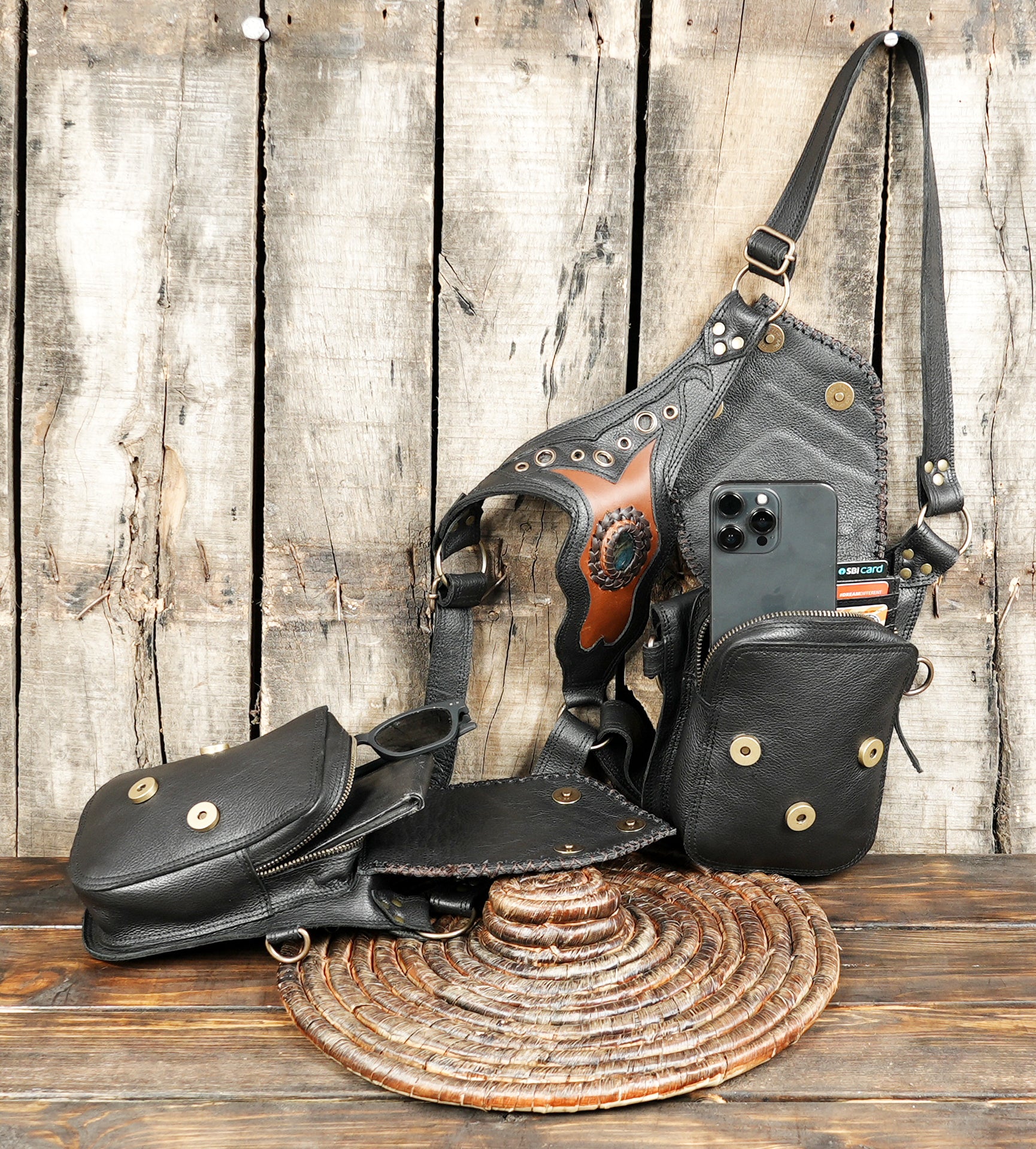 Boho style leather dual holster with gemstone and studs