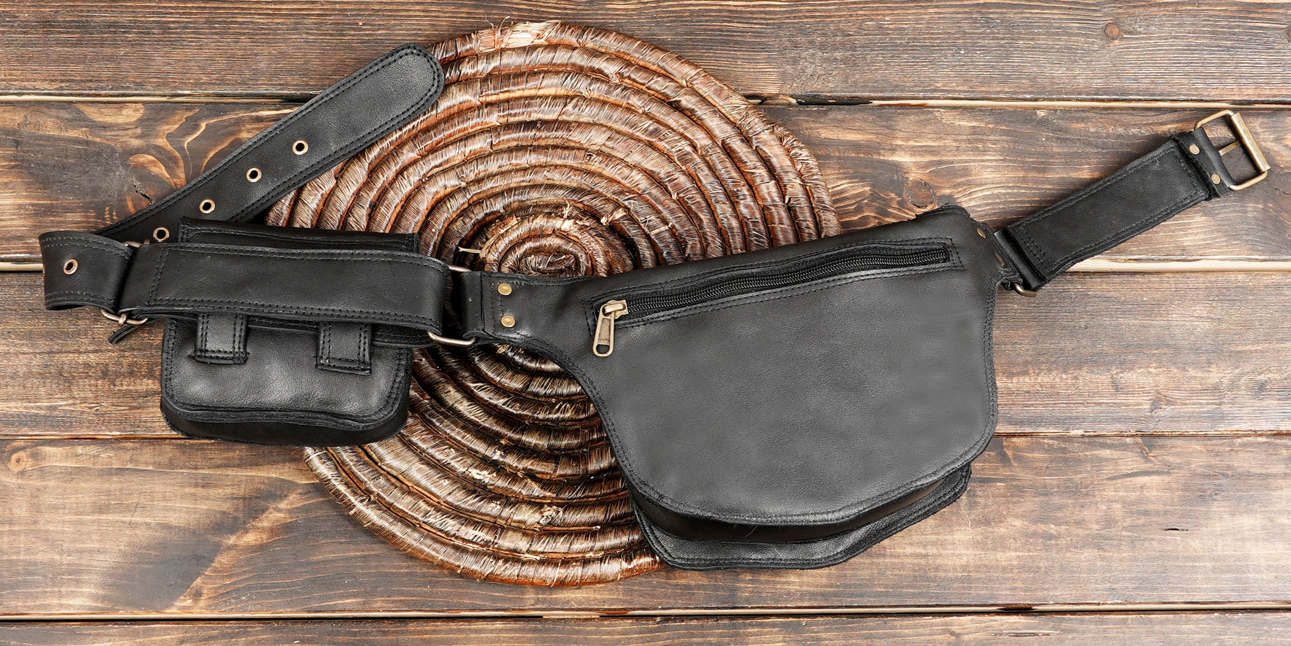 Buy Handmade Black Leather Belt Bag: Gemstone Fanny Pack, Tribal Boho Style Online in USA 