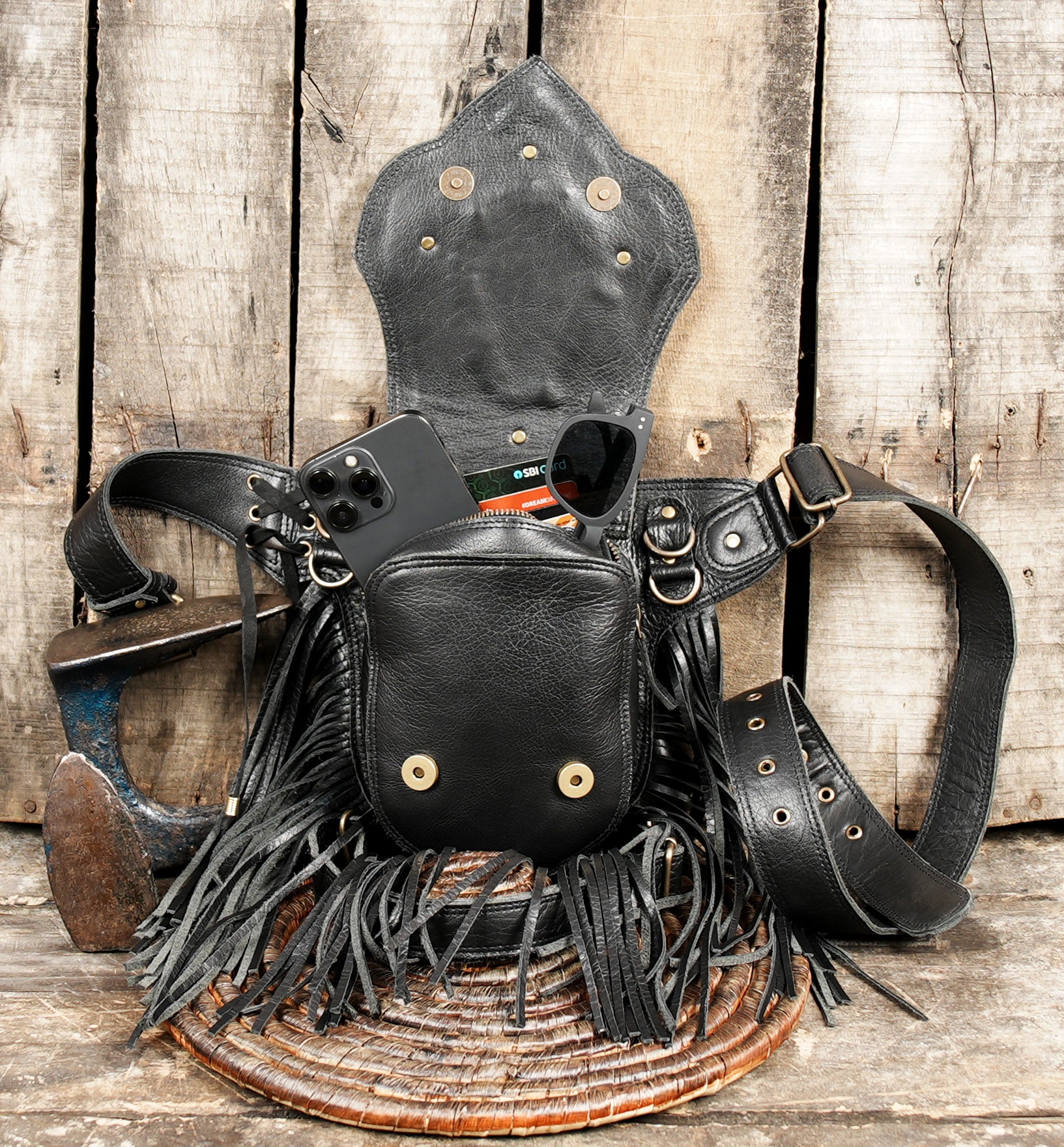 Black Leather Cedar Belt - Bag with Long Tassels, Oversized Crossbody Bum Bag, Utility Belt, Pocket Hip Bag, Leather Travel Belt, Tassel Bag WITH ZIPPER 