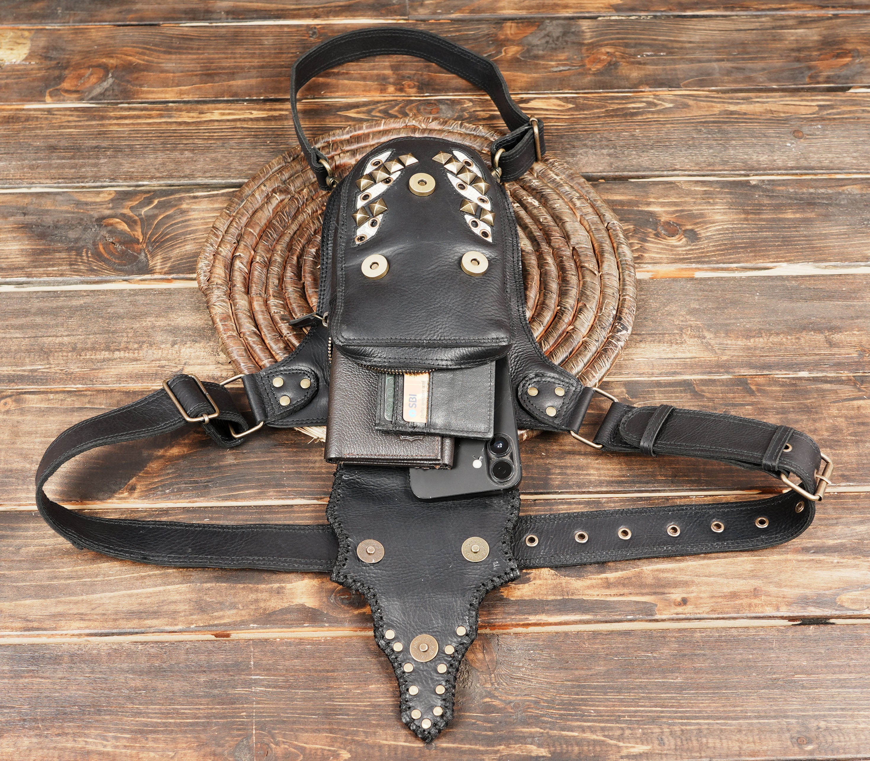 Handcrafted Leather Waist Thigh Belt with Studded Gothic Design || Statement Leather Waist Thigh Belt for Gothic and Festival Wear(LT-AB-WBTS-6001)