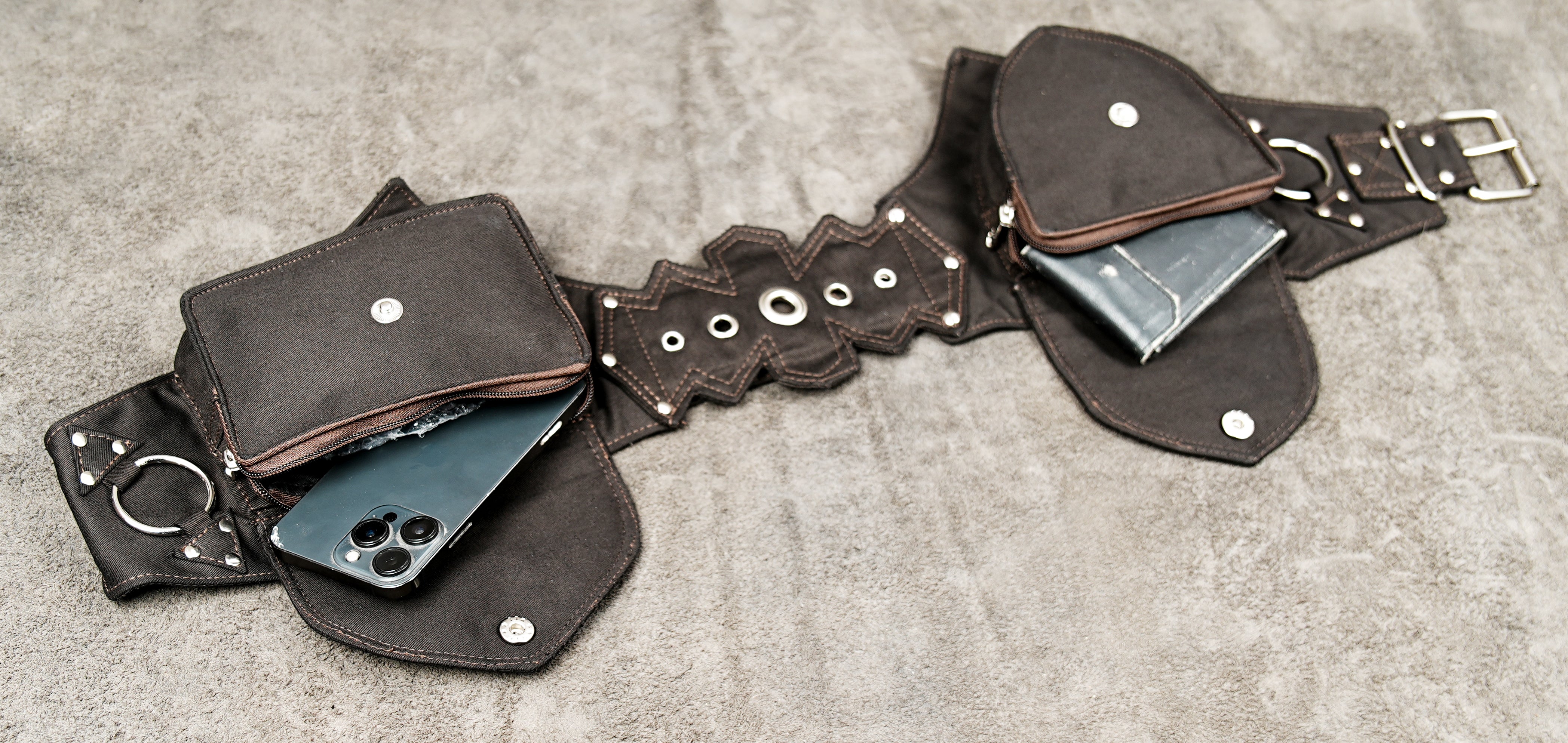 Boho hip pouch belt with secure snap closure pocket