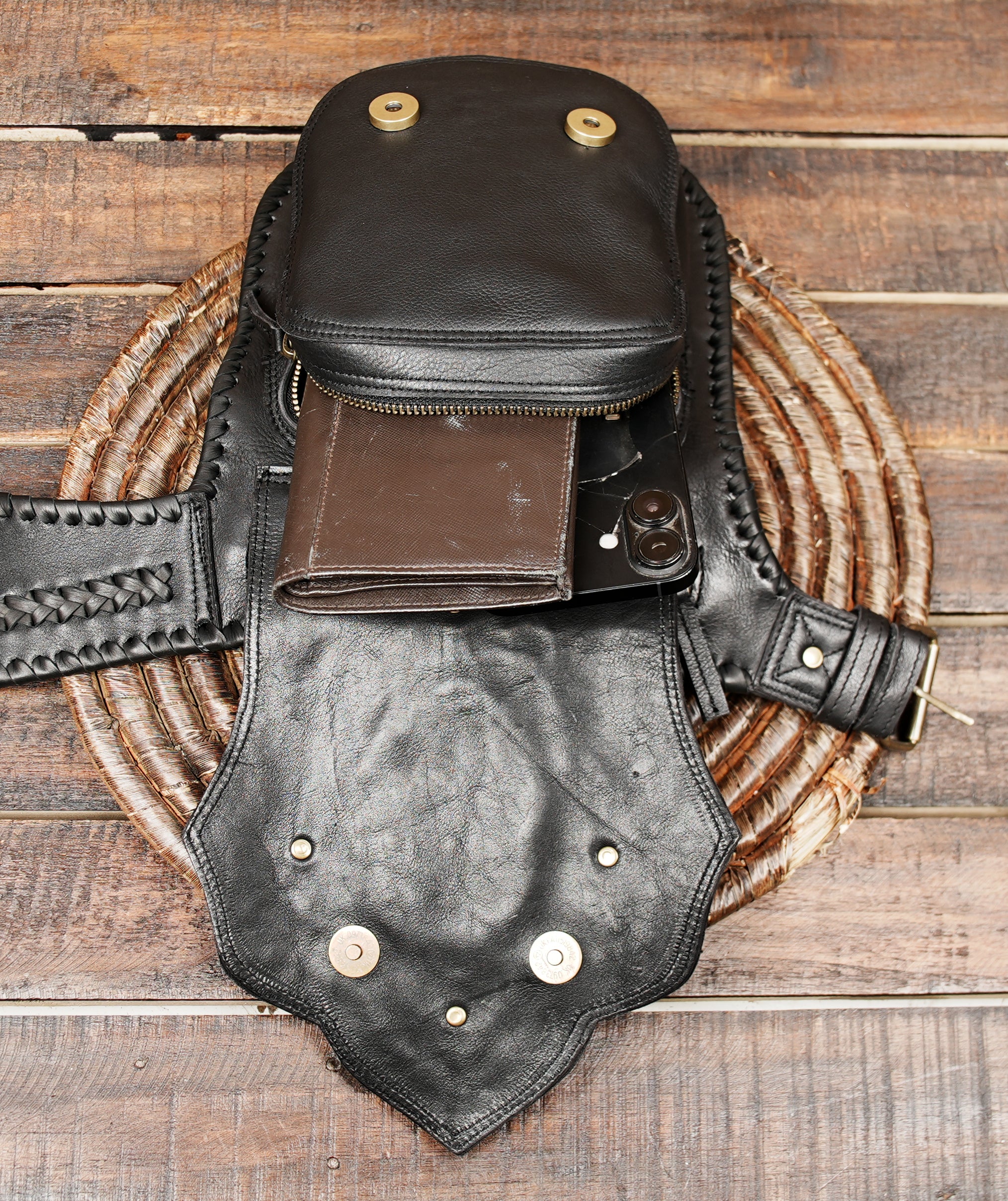 Premium Brown Leather Waist Belt with Lace-Up Design || Handmade Leather Waist Belt with Dual Utility Pouches  (LT-AB-WB-6205)