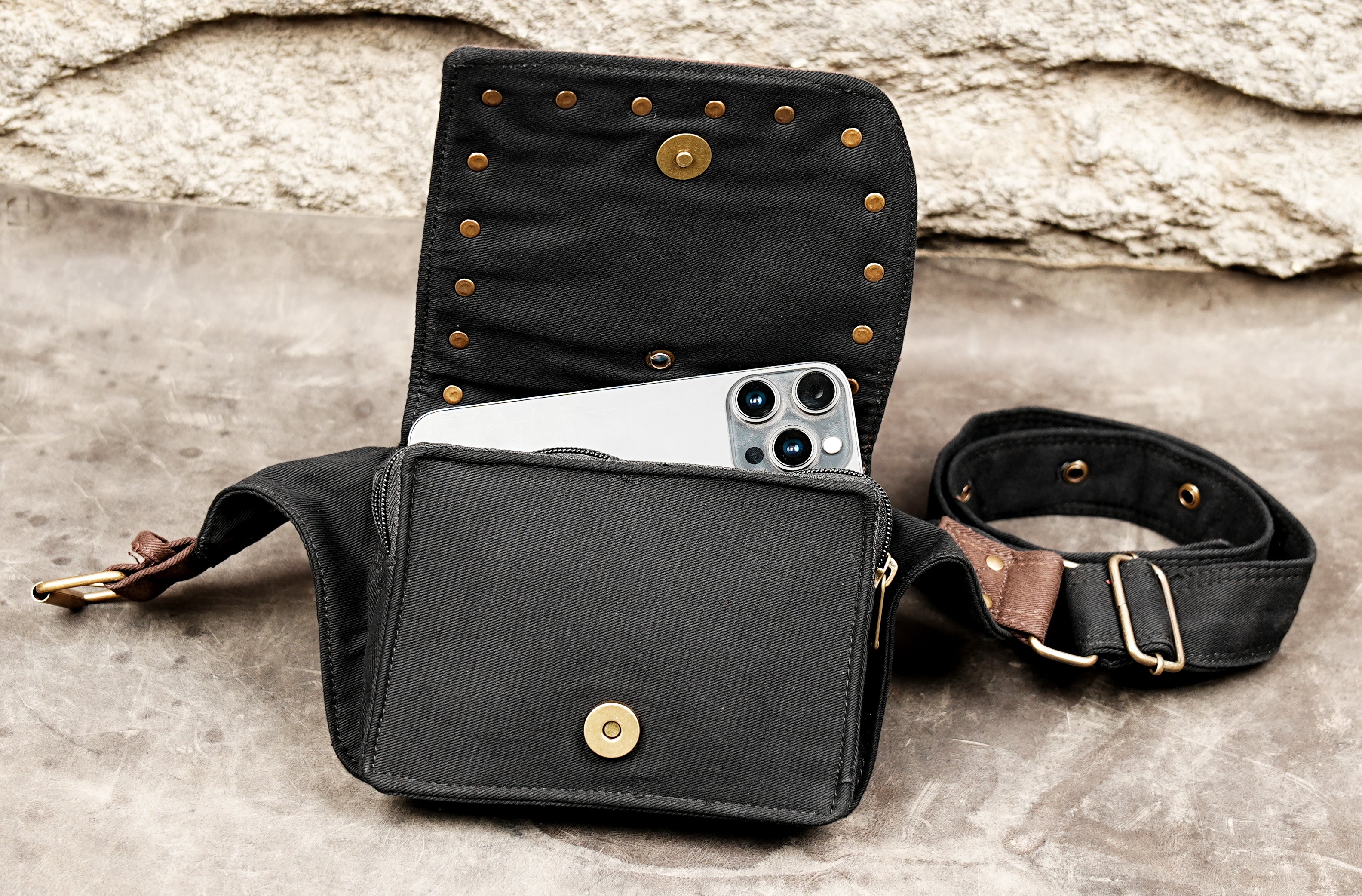Black cotton travel waist bag with multiple pockets