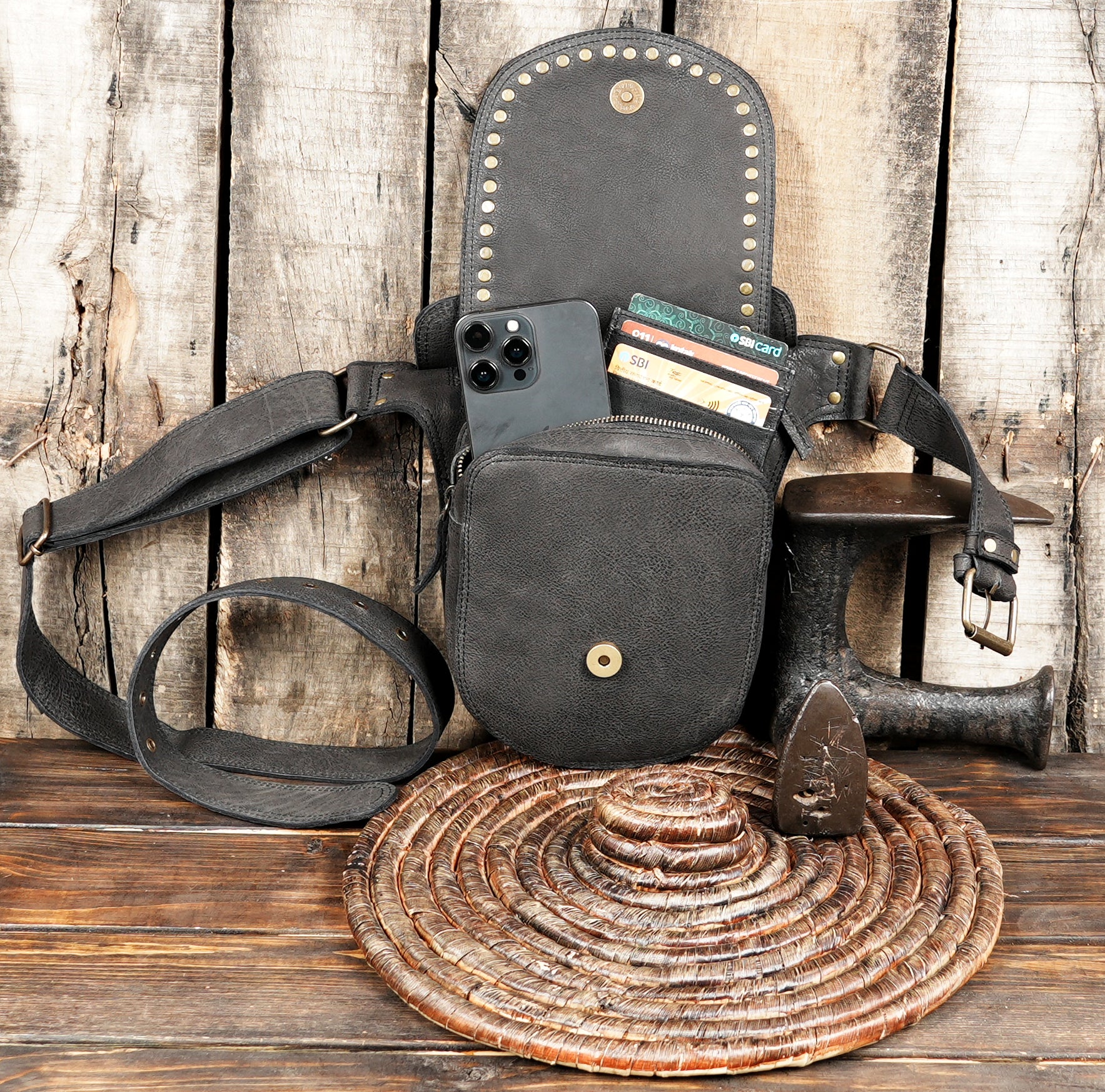 Leather waist belt with front pouch for phone and small essentials