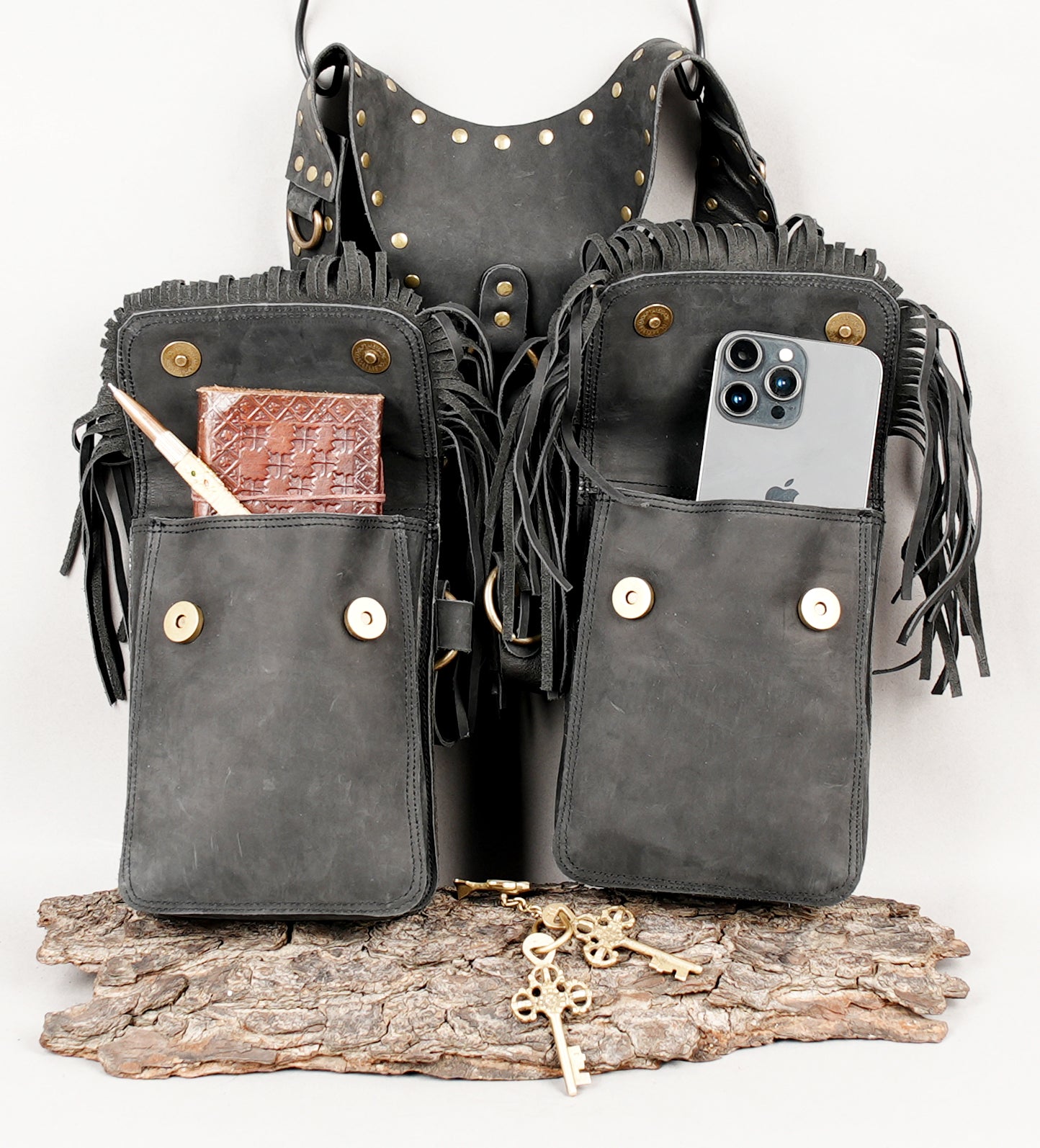 Unisex leather utility holster with dual fringe pouches