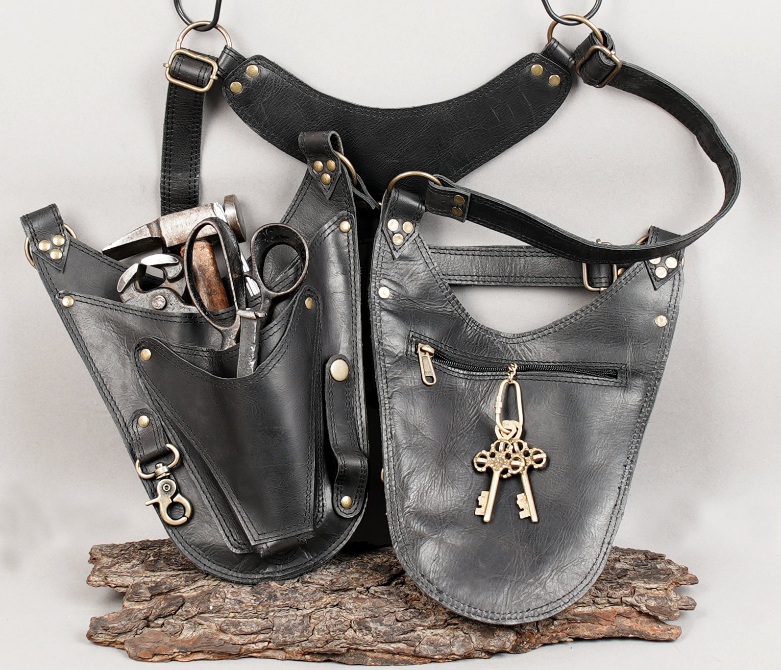 Premium black leather dual pouch holster for accessories