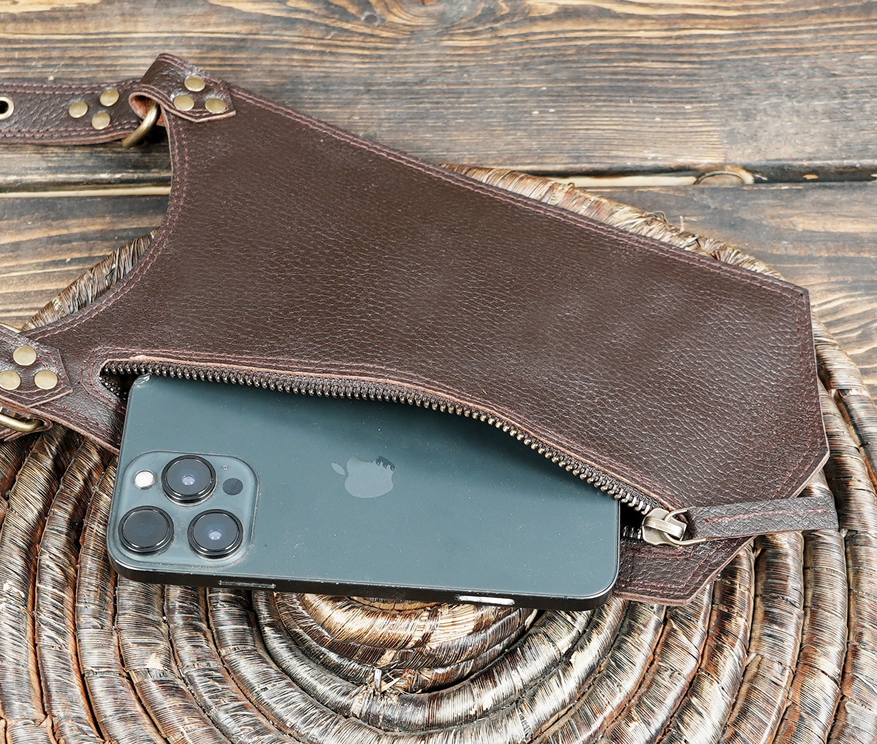 Classic handcrafted leather holster with secure zipper compartments