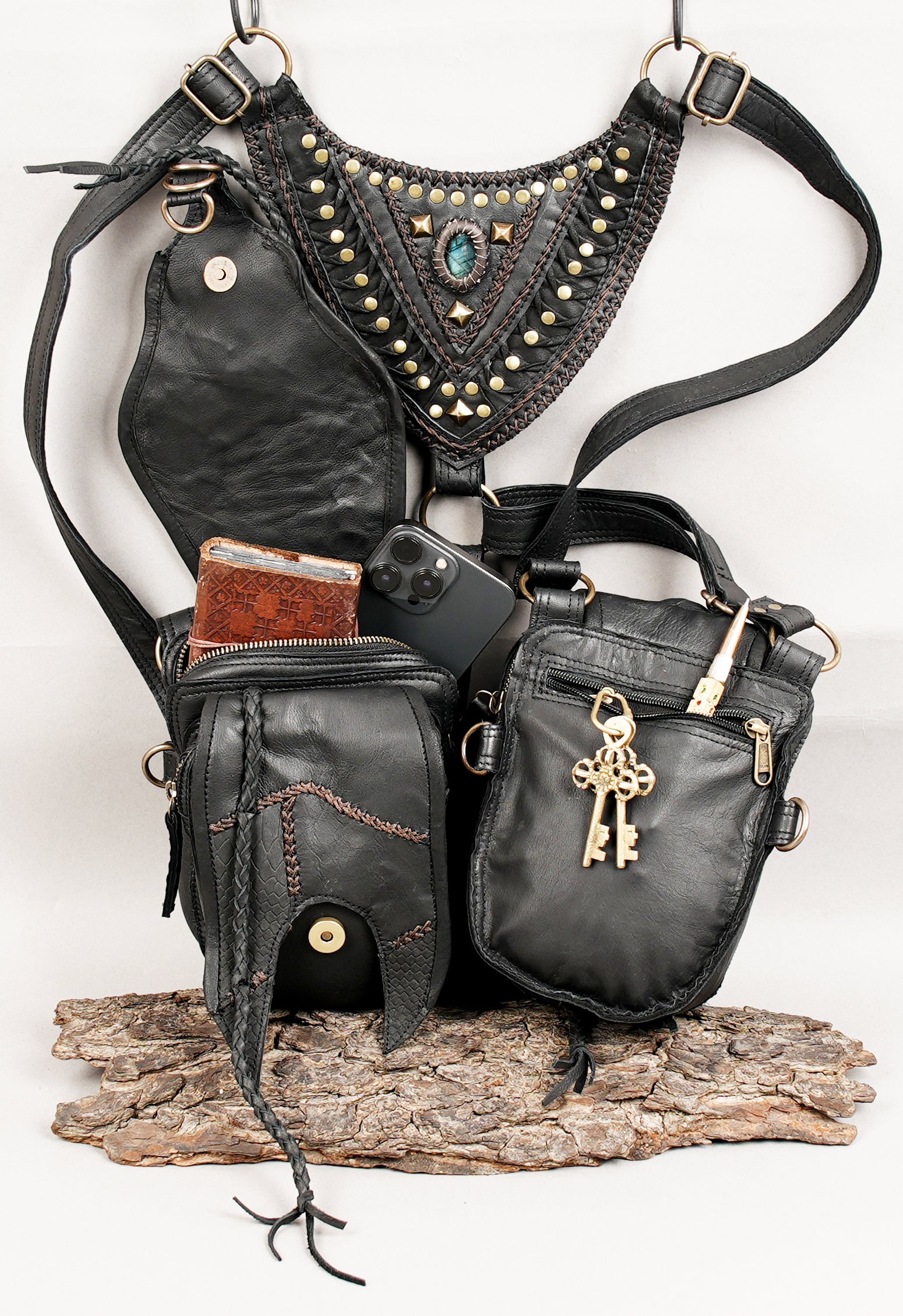 Boho leather utility holster with gemstone chest plate