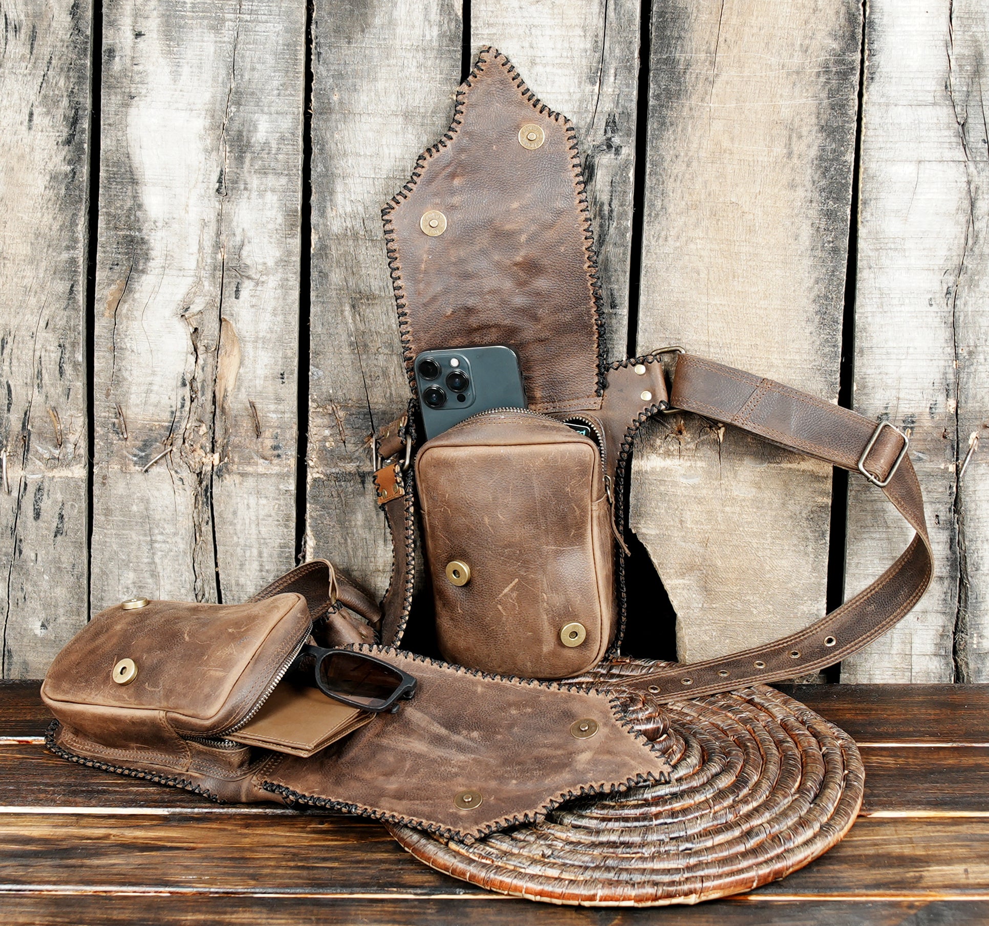 Handmade Leather Waist Belt with Utility Pouches || Boho Leather Waist Belt with Dual Pouches and Stone Detail (LT/AB/WB/6169)