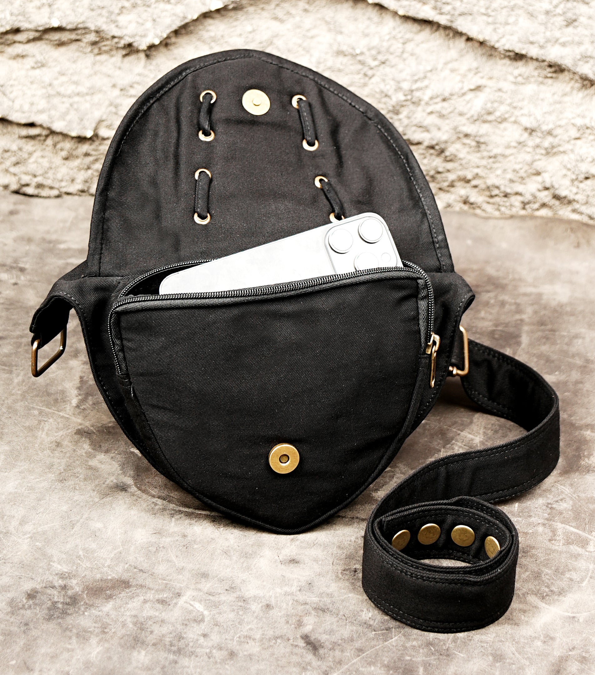 European Style Black Canvas Belt Bag with Utility Pouch and Corset Detail