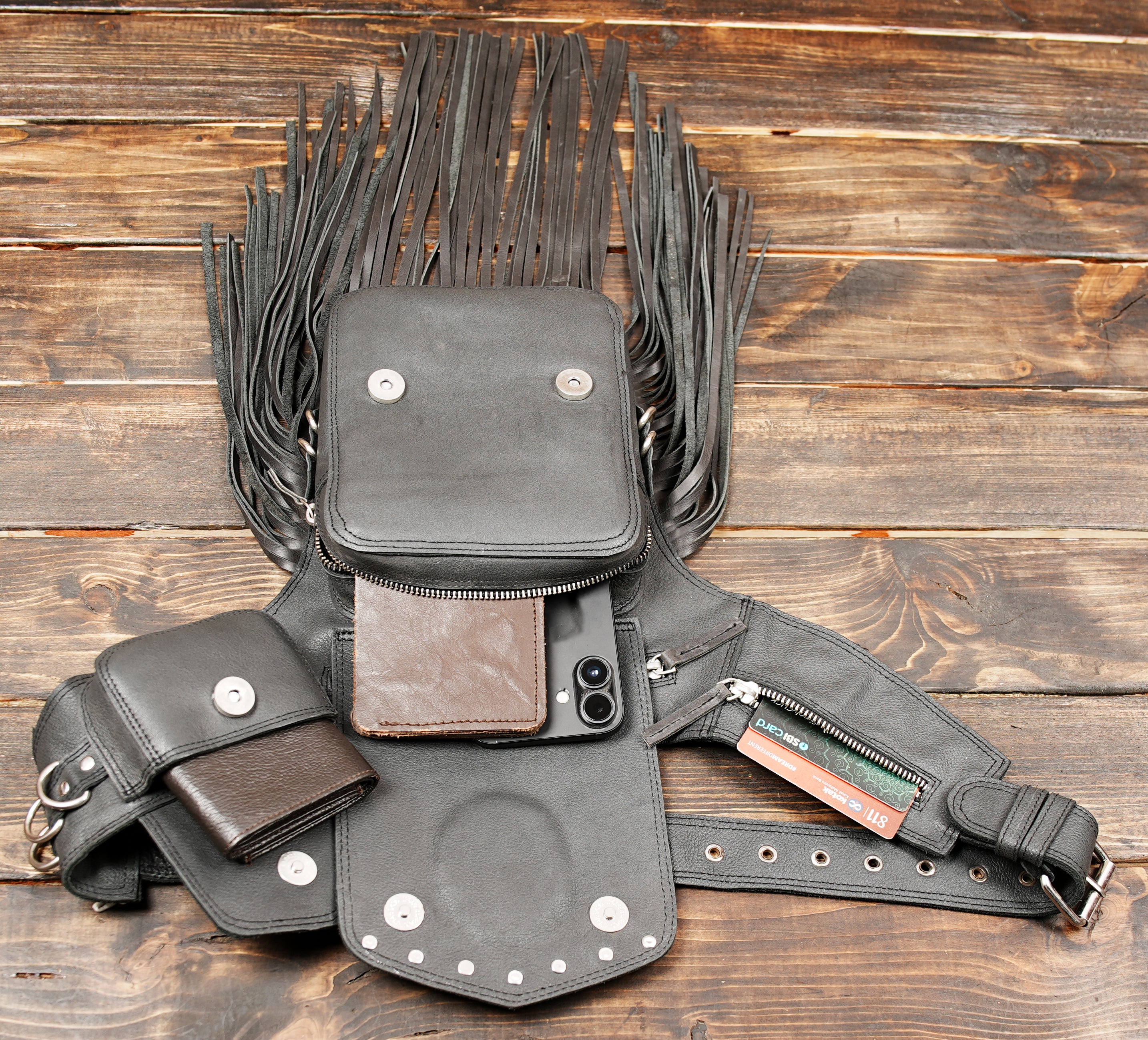 Buy Handmade Black Leather Fringe Waist Bag: Labradorite  gemstone with magnet button 