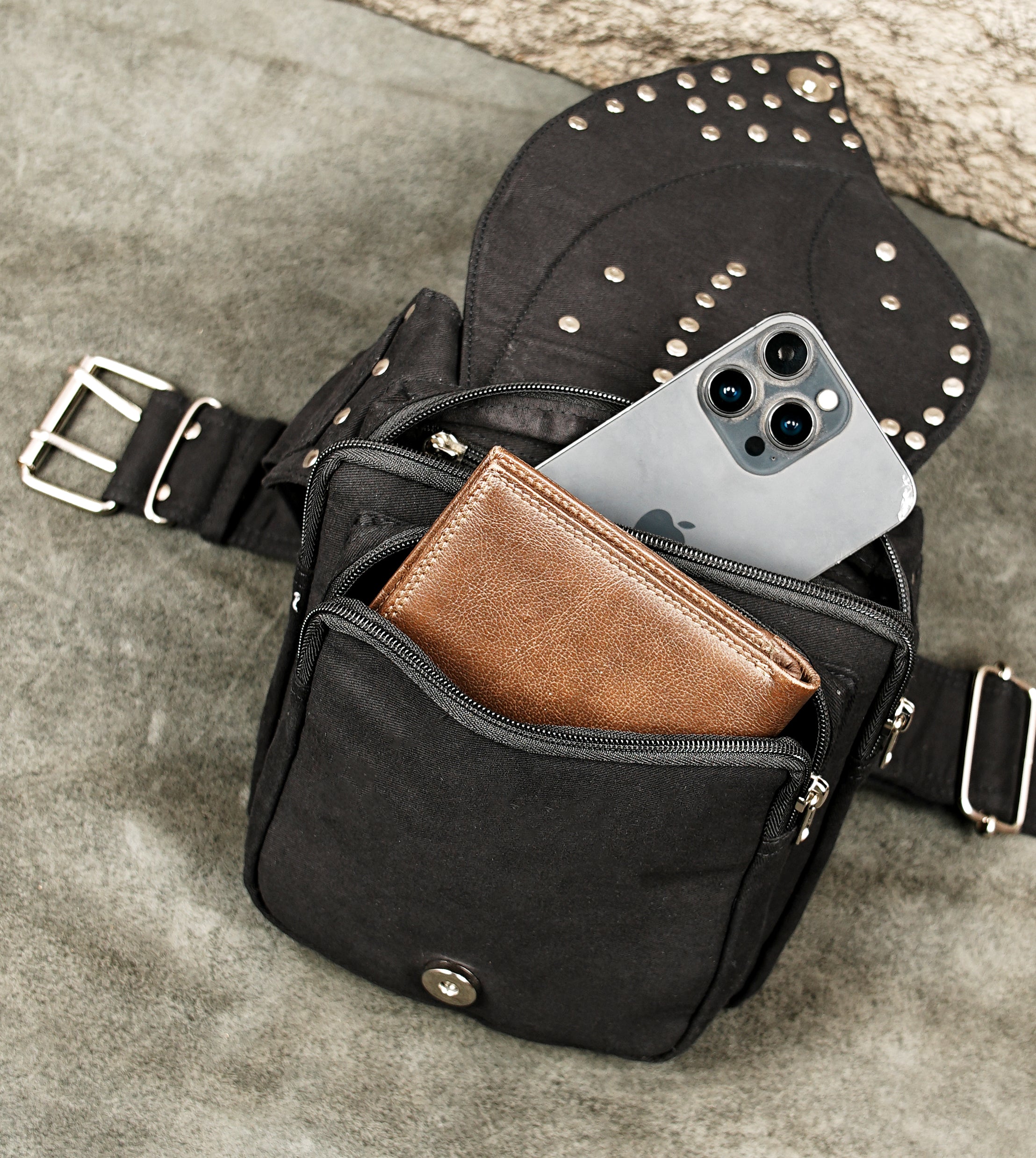 Cotton hip pouch with stylish studded front flap closure
