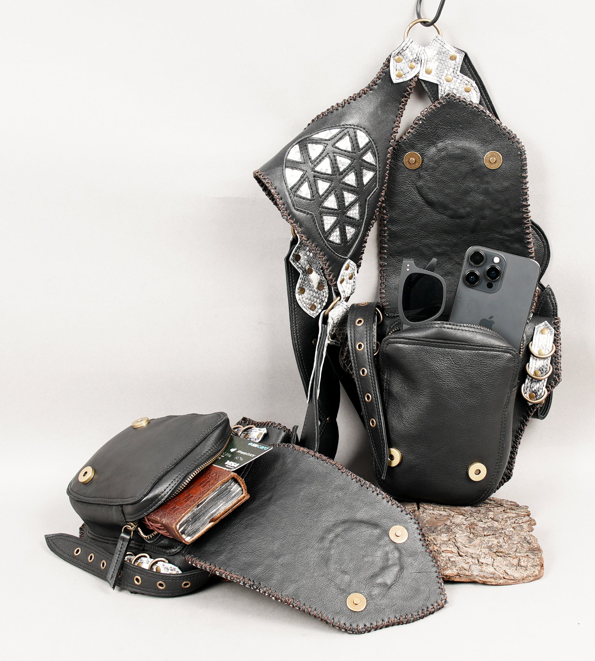 Festival leather holster with metallic detailing and adjustable straps
