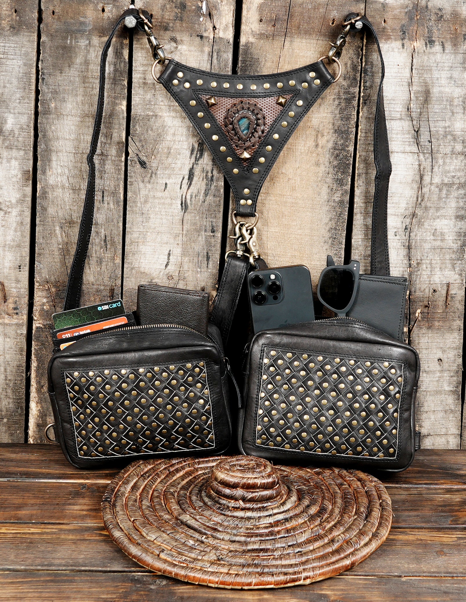 Handmade Leather Holster With Dual Pouches and Gemstone Accents with biker holster 