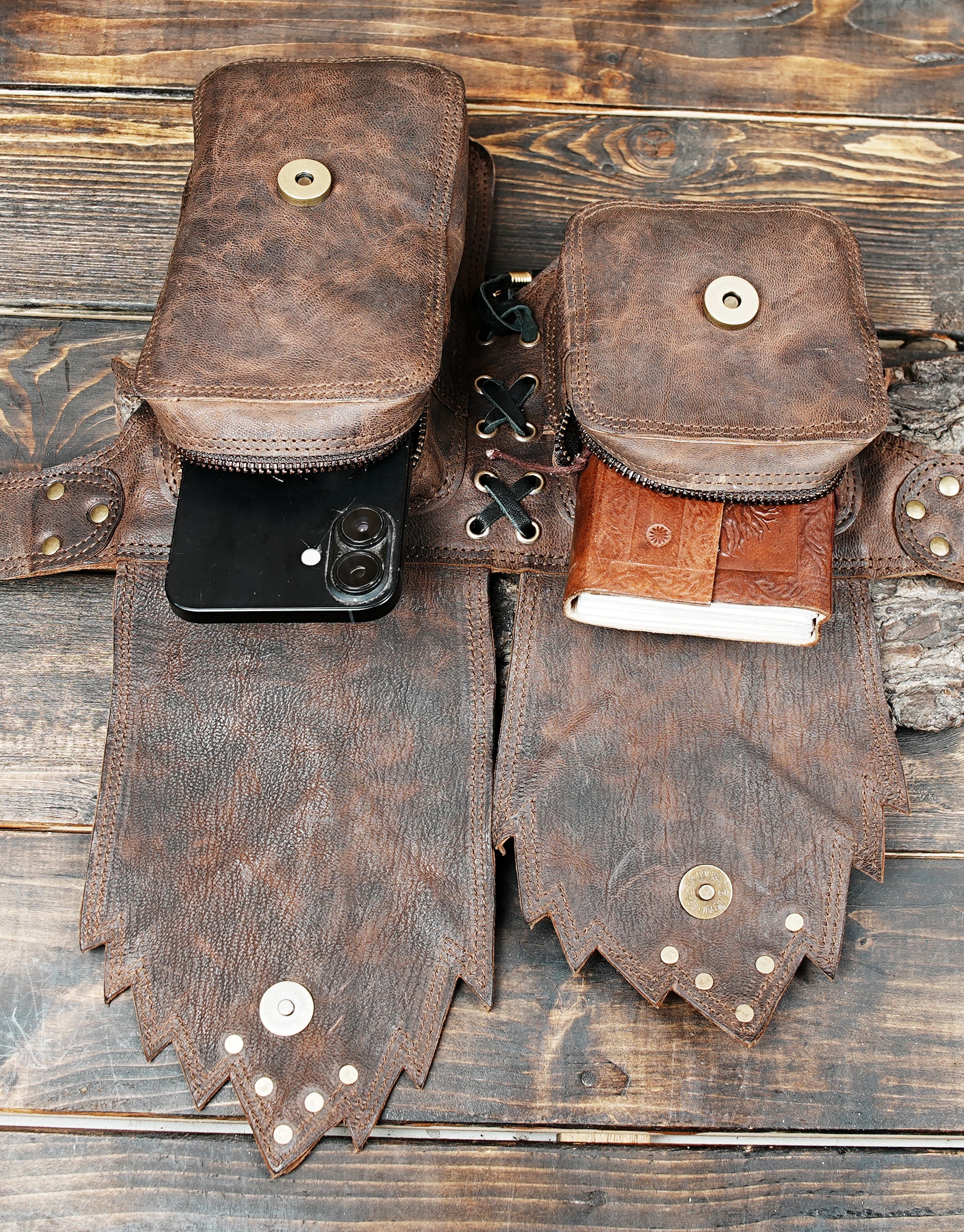 Brown leather festival belt with flap pockets