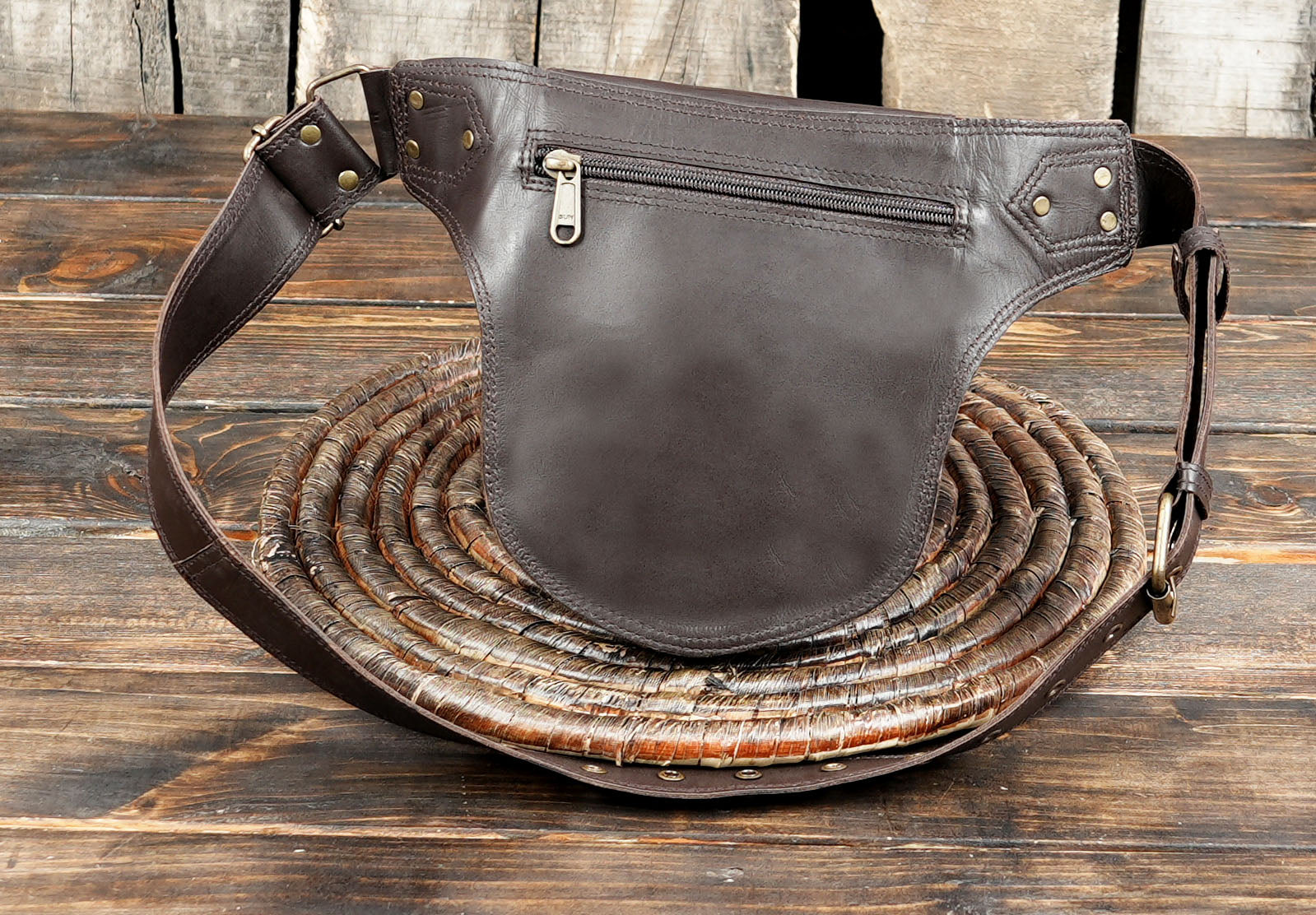 Steampunk fashion leather belt bag with flap pocket