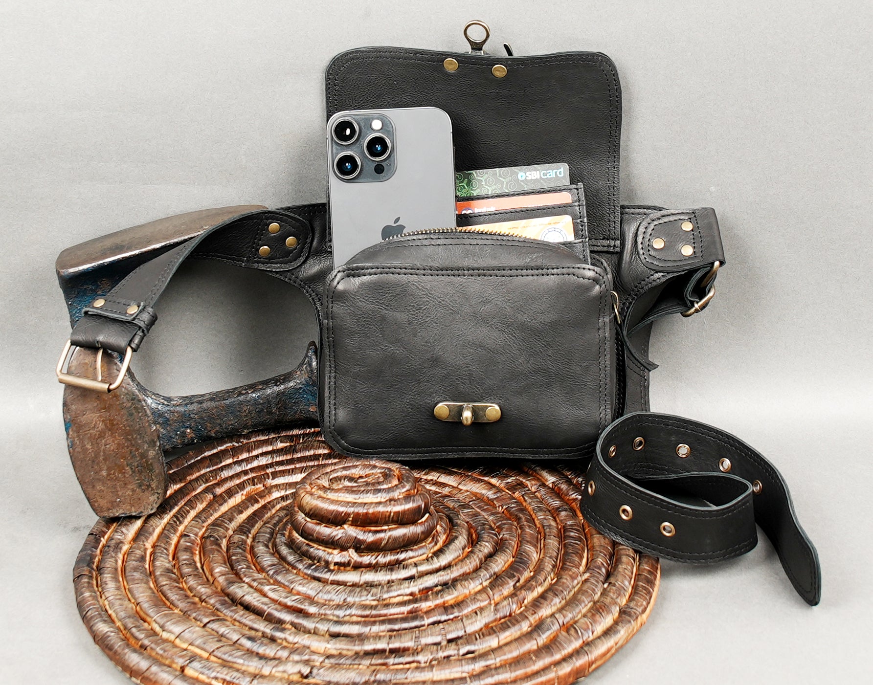 Black Genuine Leather Waist Belt Bag with Brass Clasp || Handmade Leather Hip Pouch with Secure Front Closure (LT/AB/WB/6077)