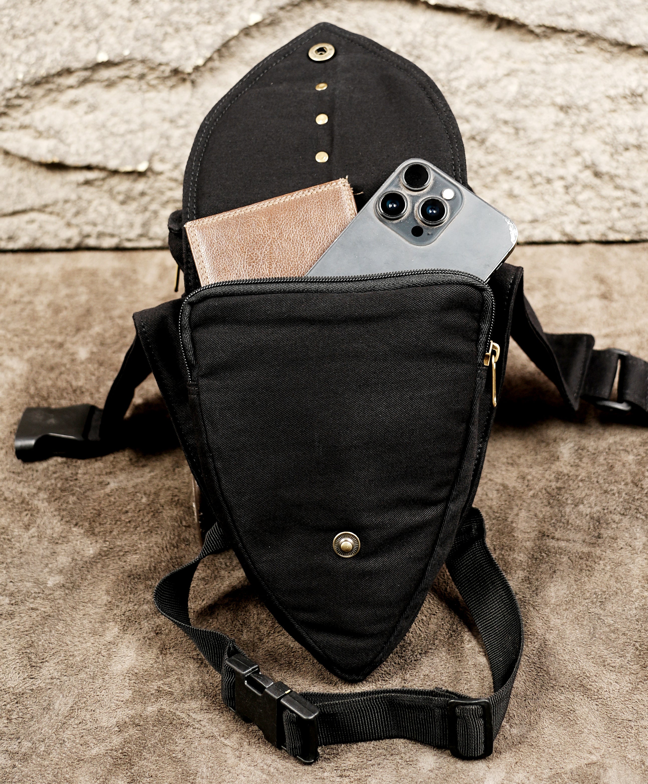 Cosplay hip bag with adjustable waist strap and brass zipper pulls