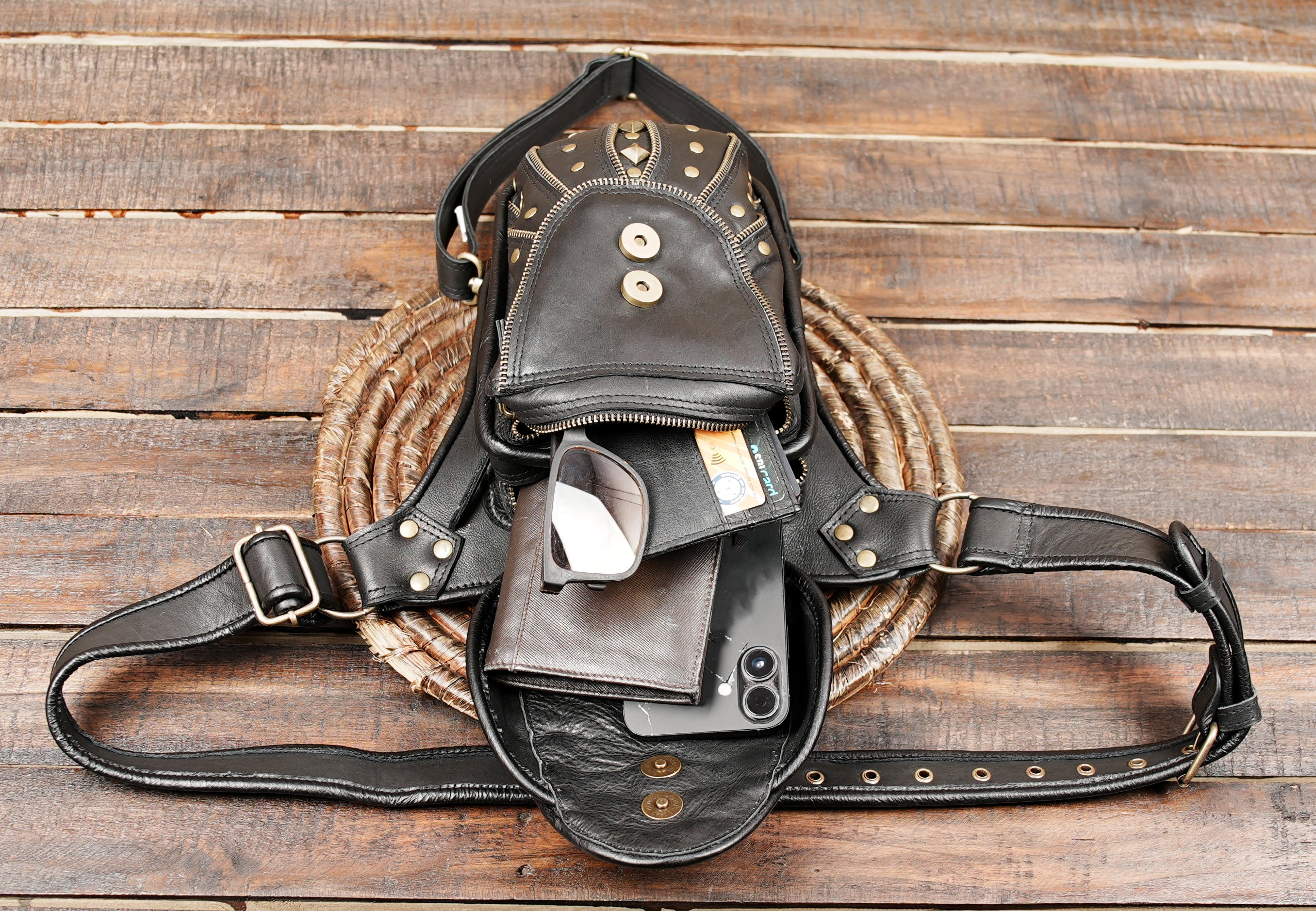 Black Fringed Hip Bag, Festival Belt, Handmade Leather Bag with Stone and adjustable and fit for human 