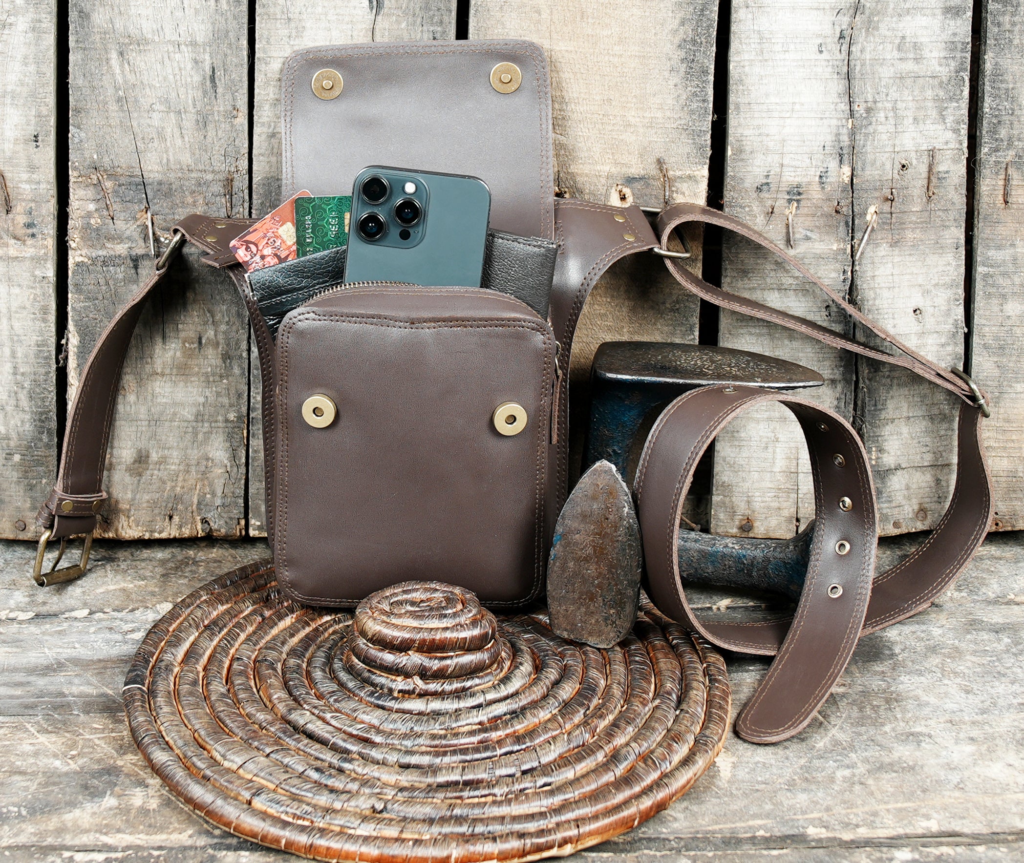 Artisan leather belt pouch for phone, wallet and keys