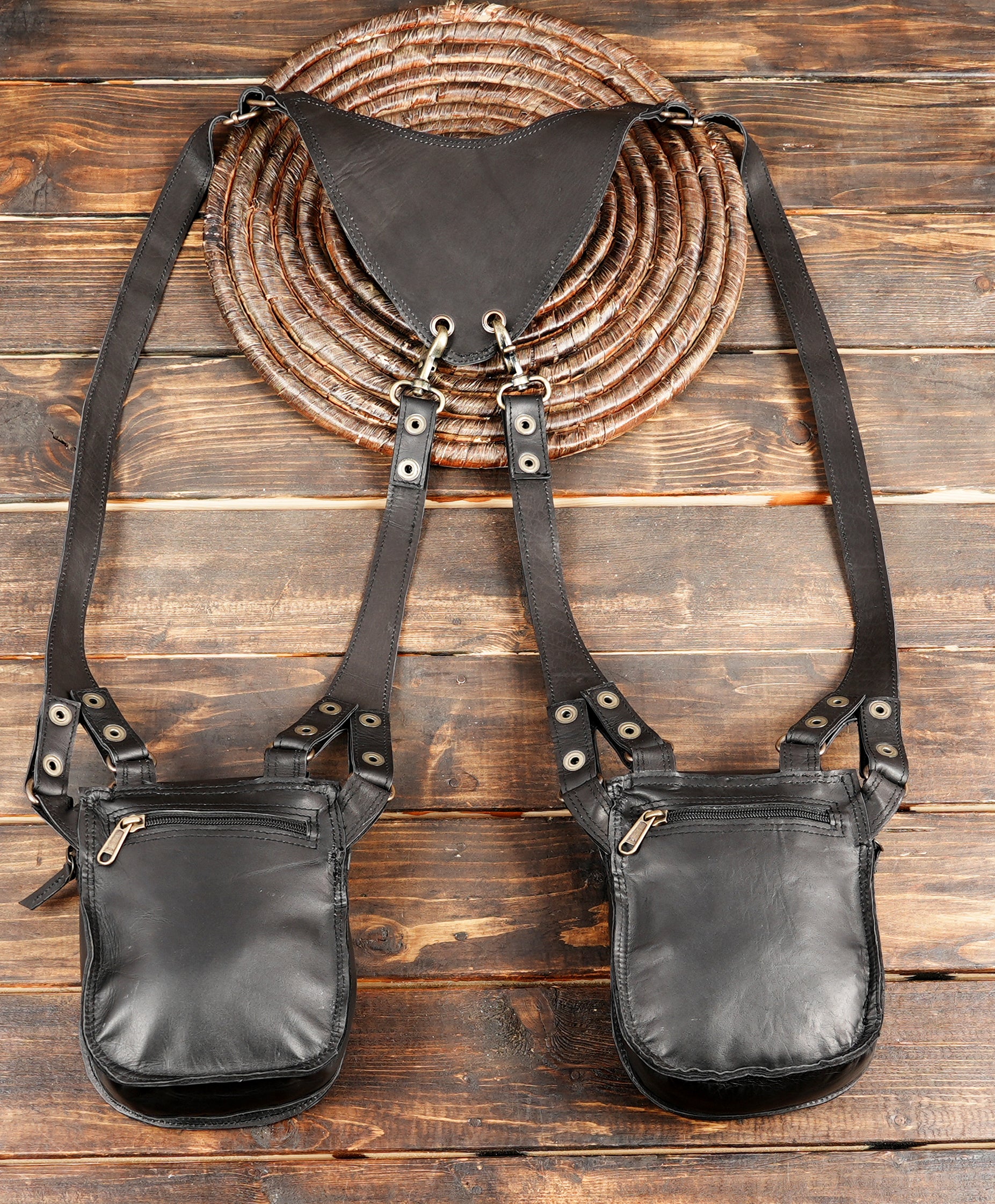 Classic black leather holster with durable double pockets