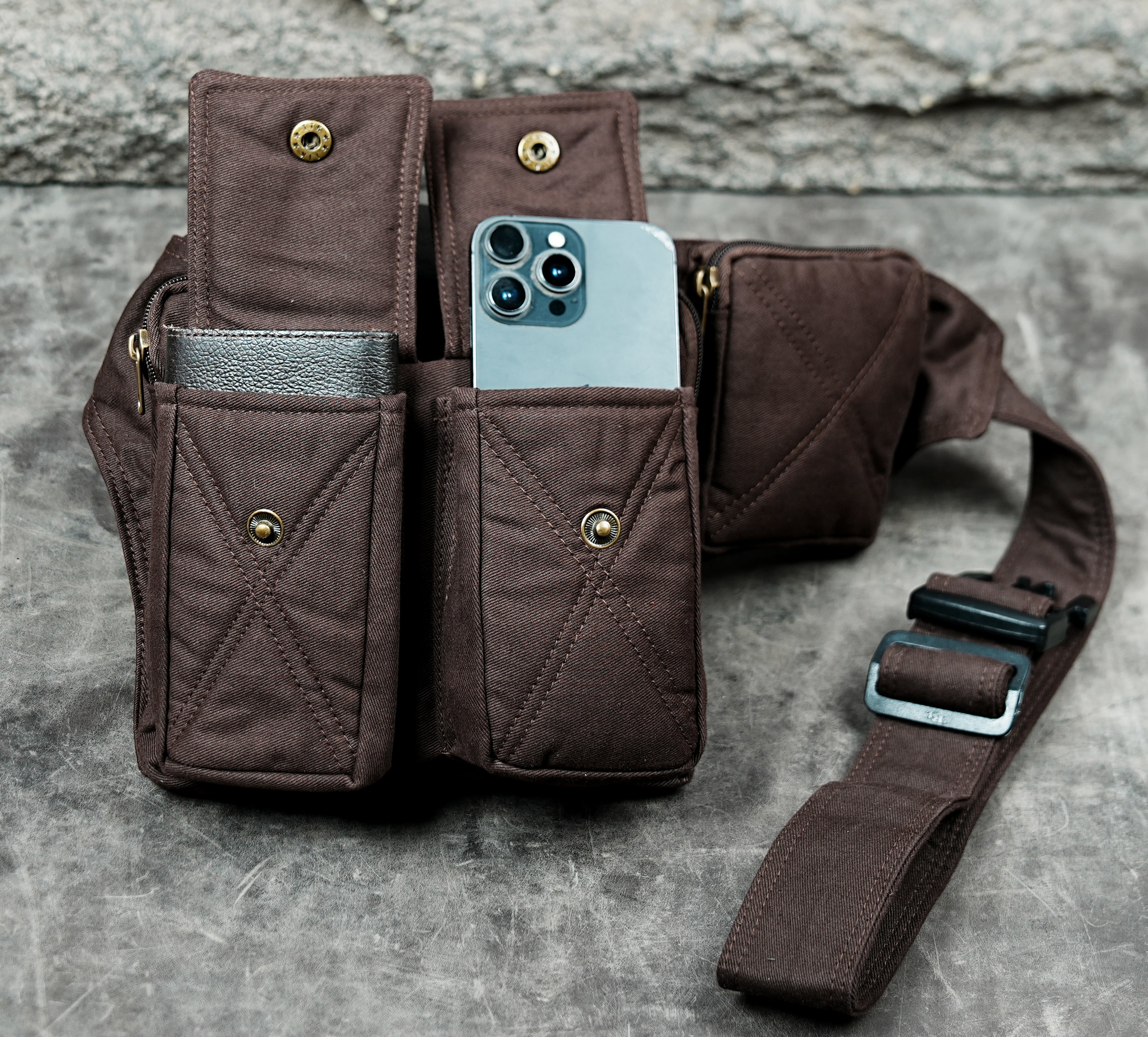 Cotton canvas waist bag with stitched cross detail side pocket