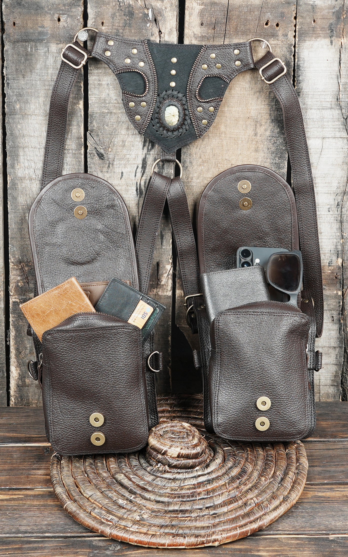 Rustic leather festival holster bag with gemstone detail and secure closures