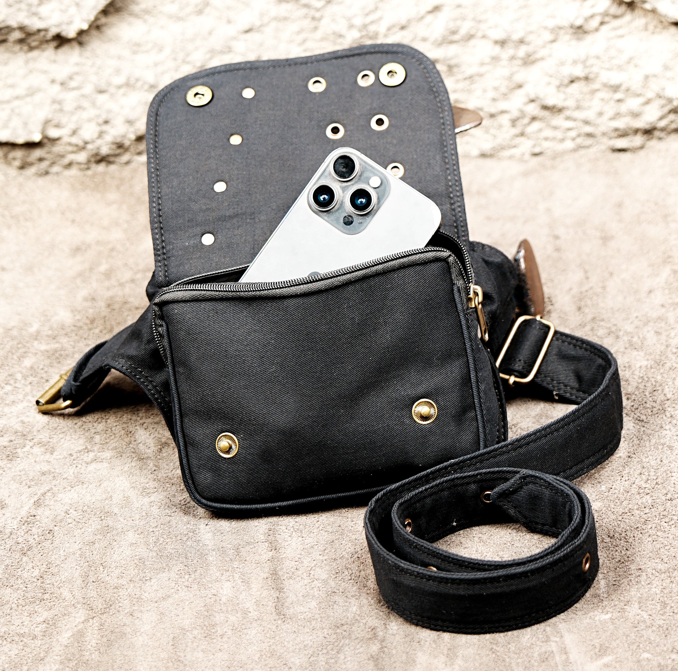 Unisex cotton waist bag with secure pockets and adjustable strap