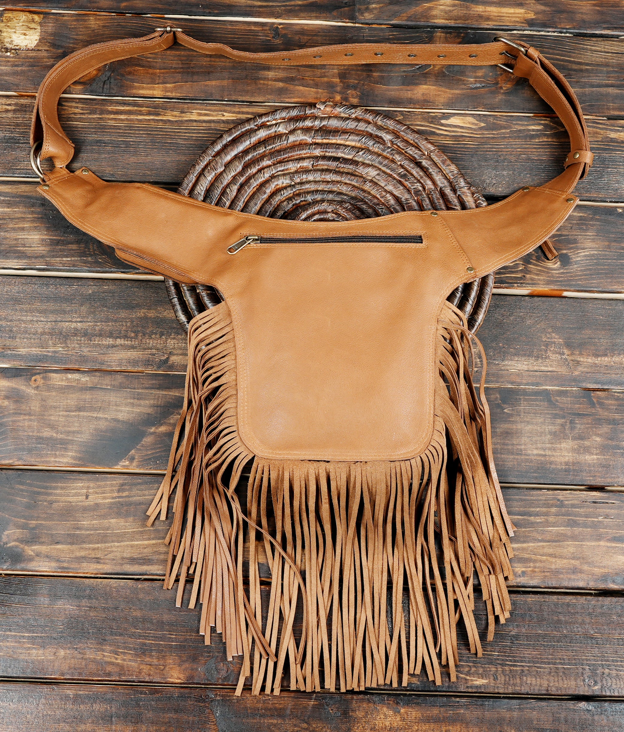 Leather festival waist belt with gemstone detail and fringe tassels