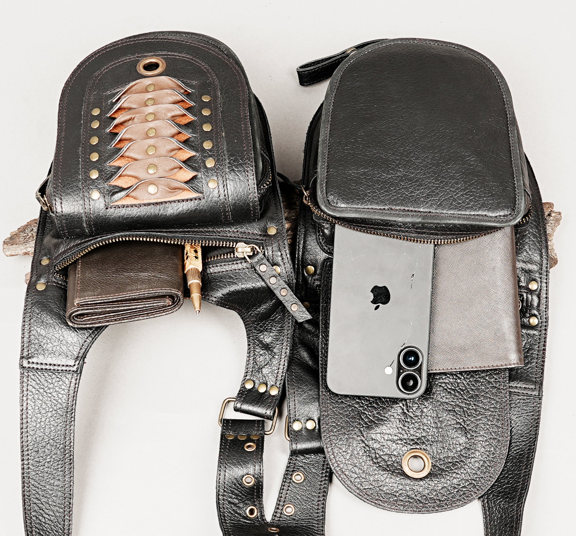 Artisan crafted leather utility holster with decorative stitching