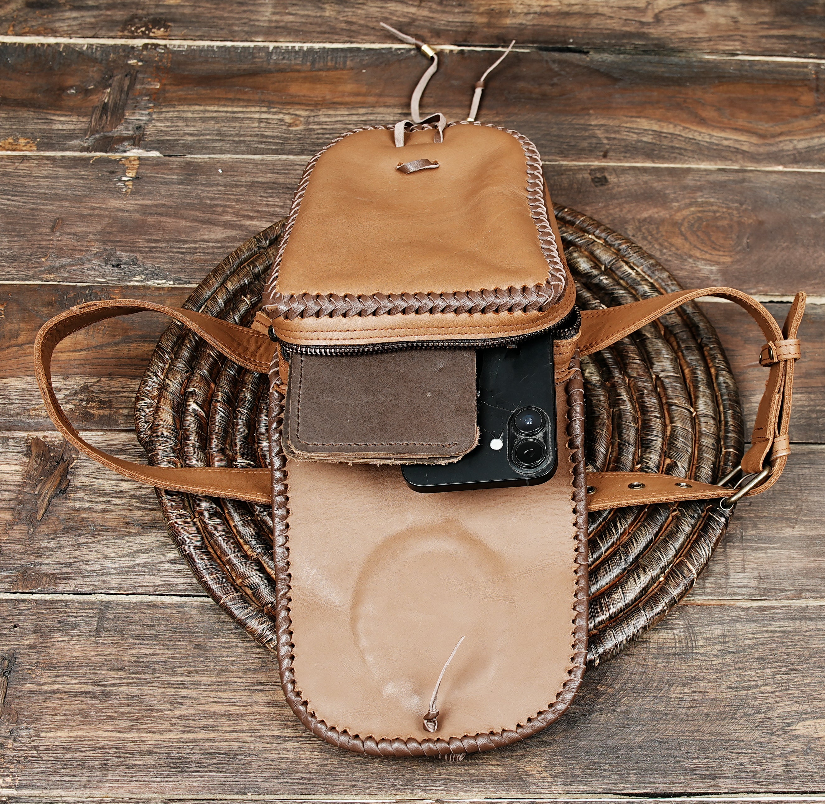 Leather waist belt bag designed for festivals and outdoor wear