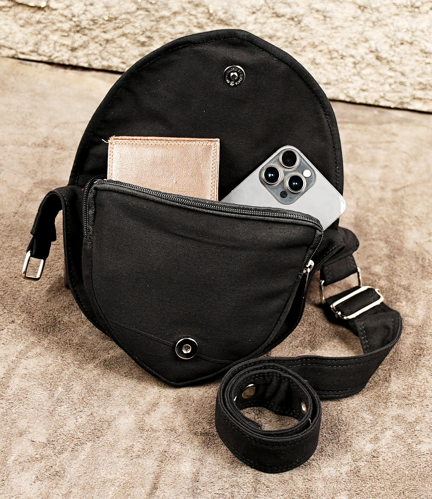 Festival waist pouch in durable black cotton fabric