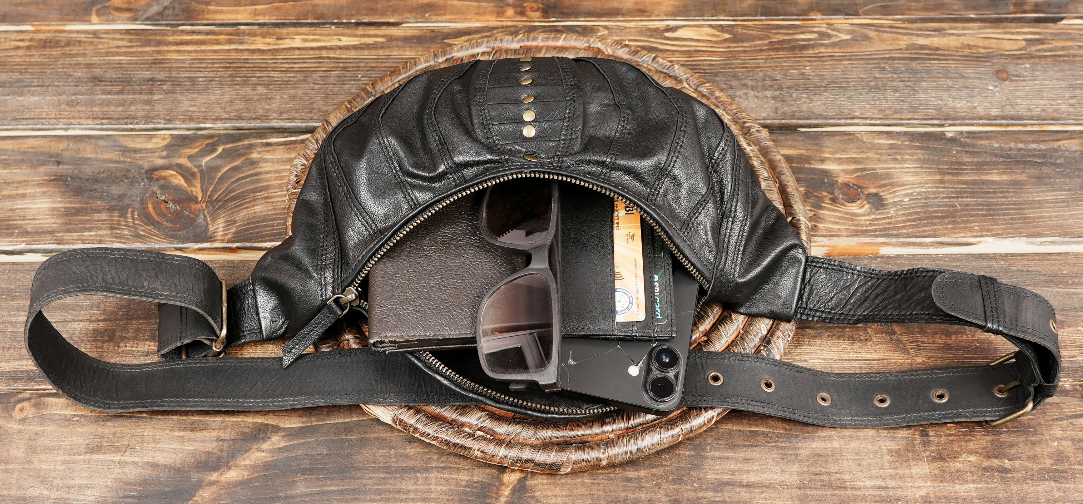 Handmade Black Leather Shoulder Belt Bag | Steampunk Festival Waist Pack | Unisex Leather Crossbody Belt with Brass Studs (LT/AB/SB/6011)