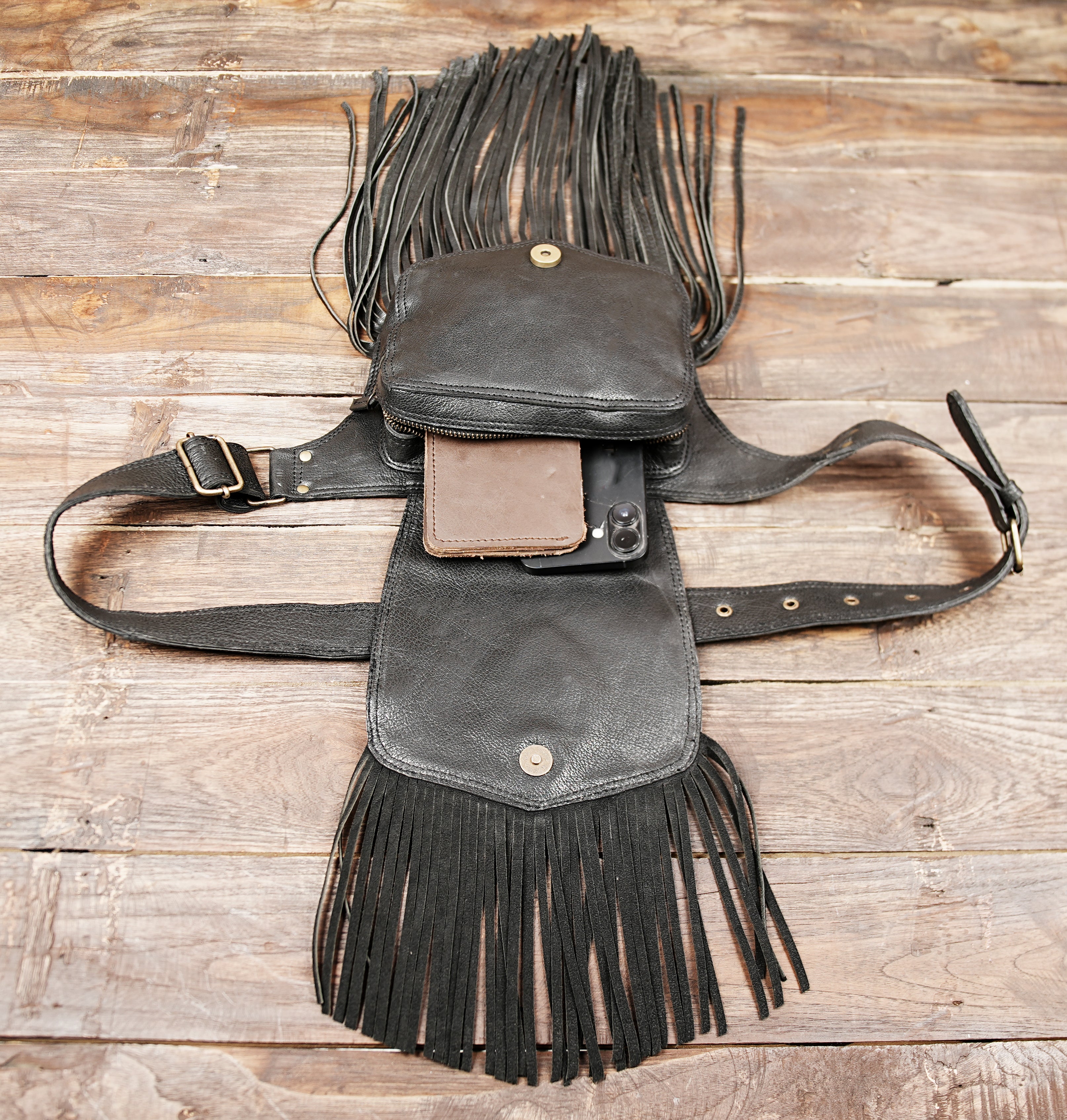 boho black leather waist pack with long fringe movement