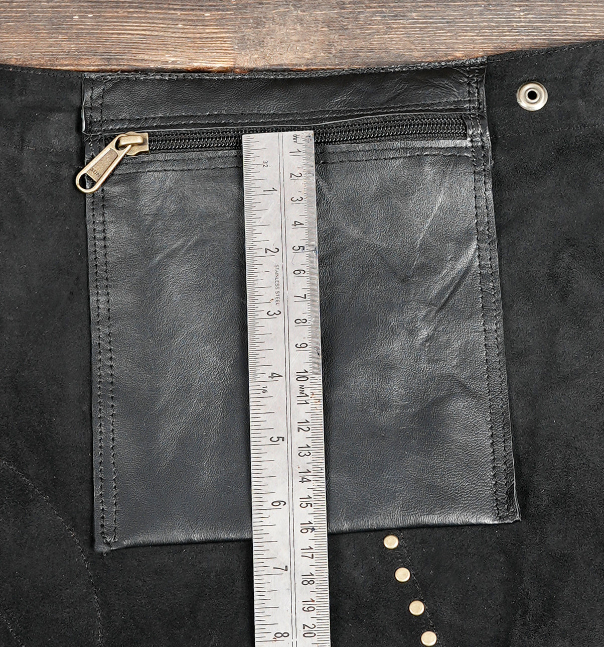 Designer leather skirt with bold pattern and handcrafted finish