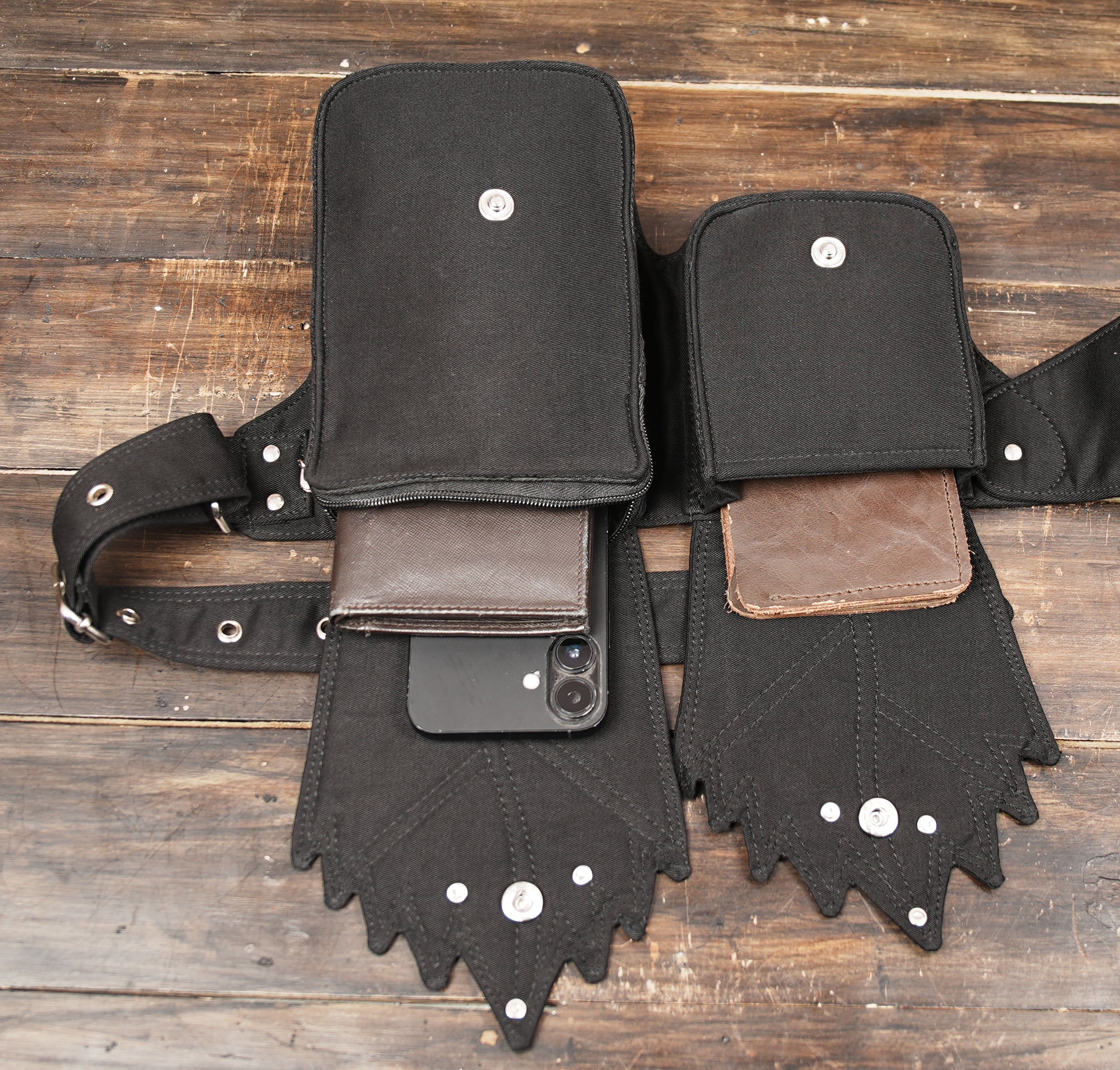 Black cotton waist bag with gemstone detail for travel