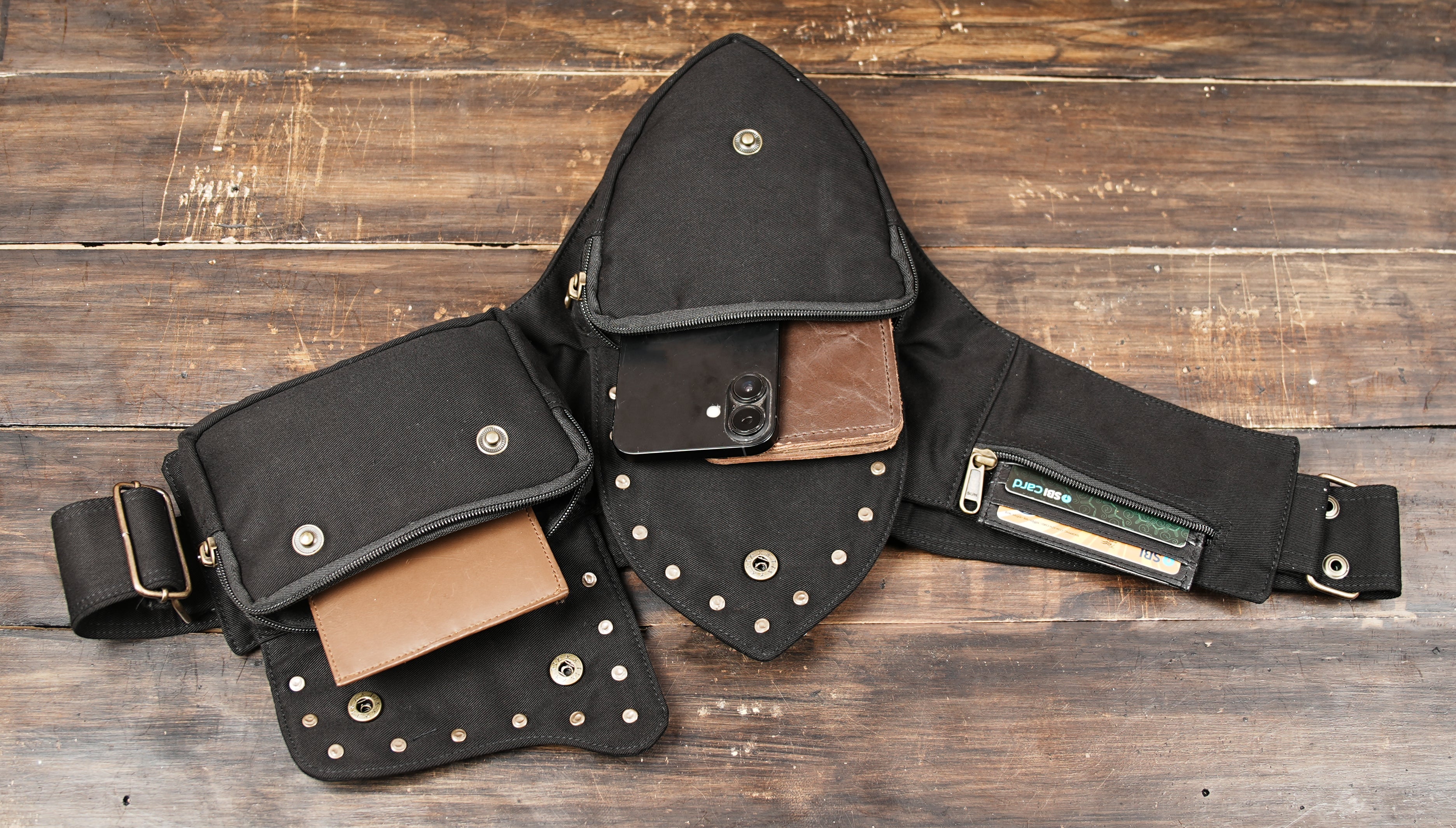 Adjustable cotton waist belt bag with brass studs