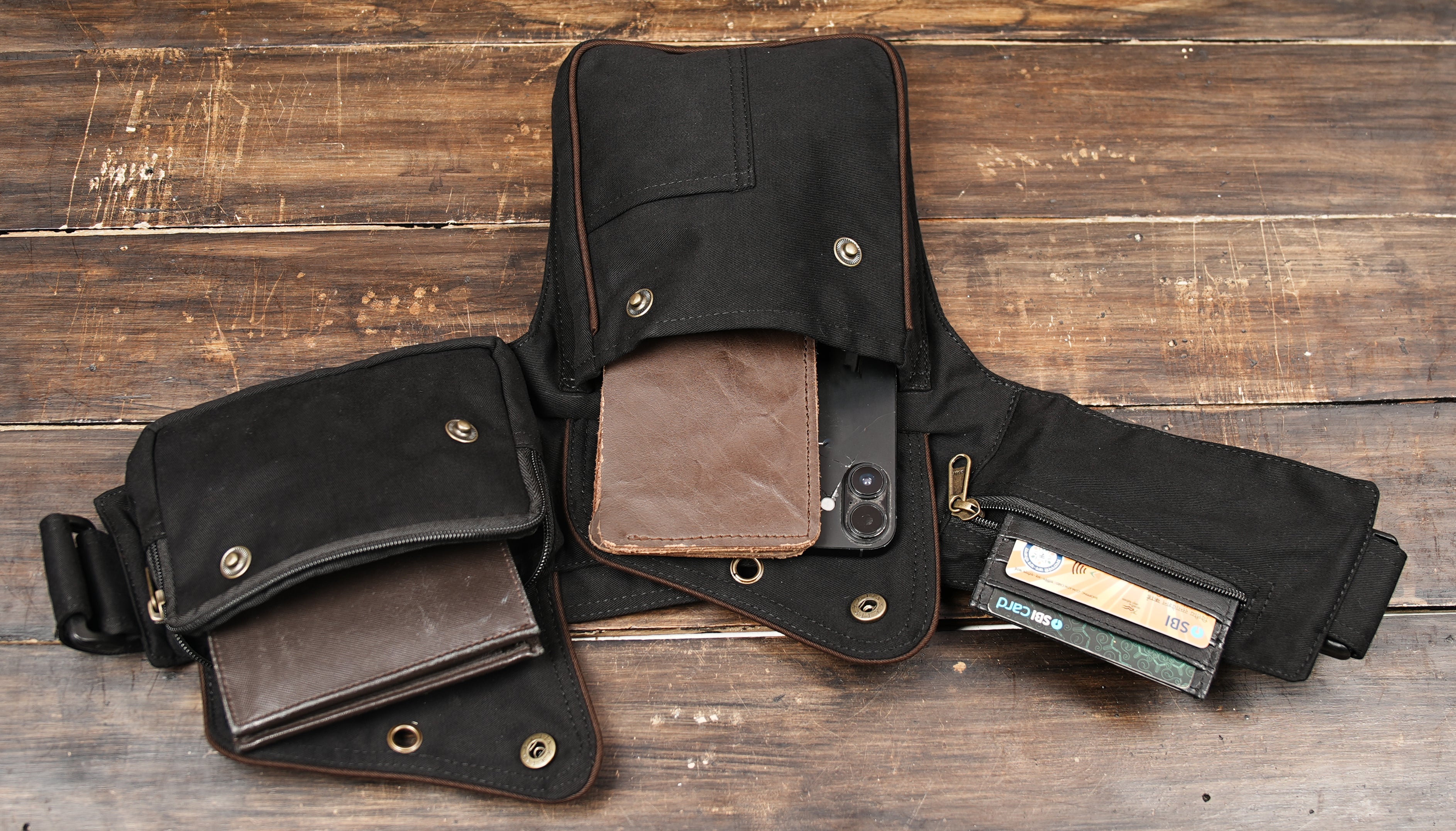 Durable handmade patchwork belt bag with secure flap closure