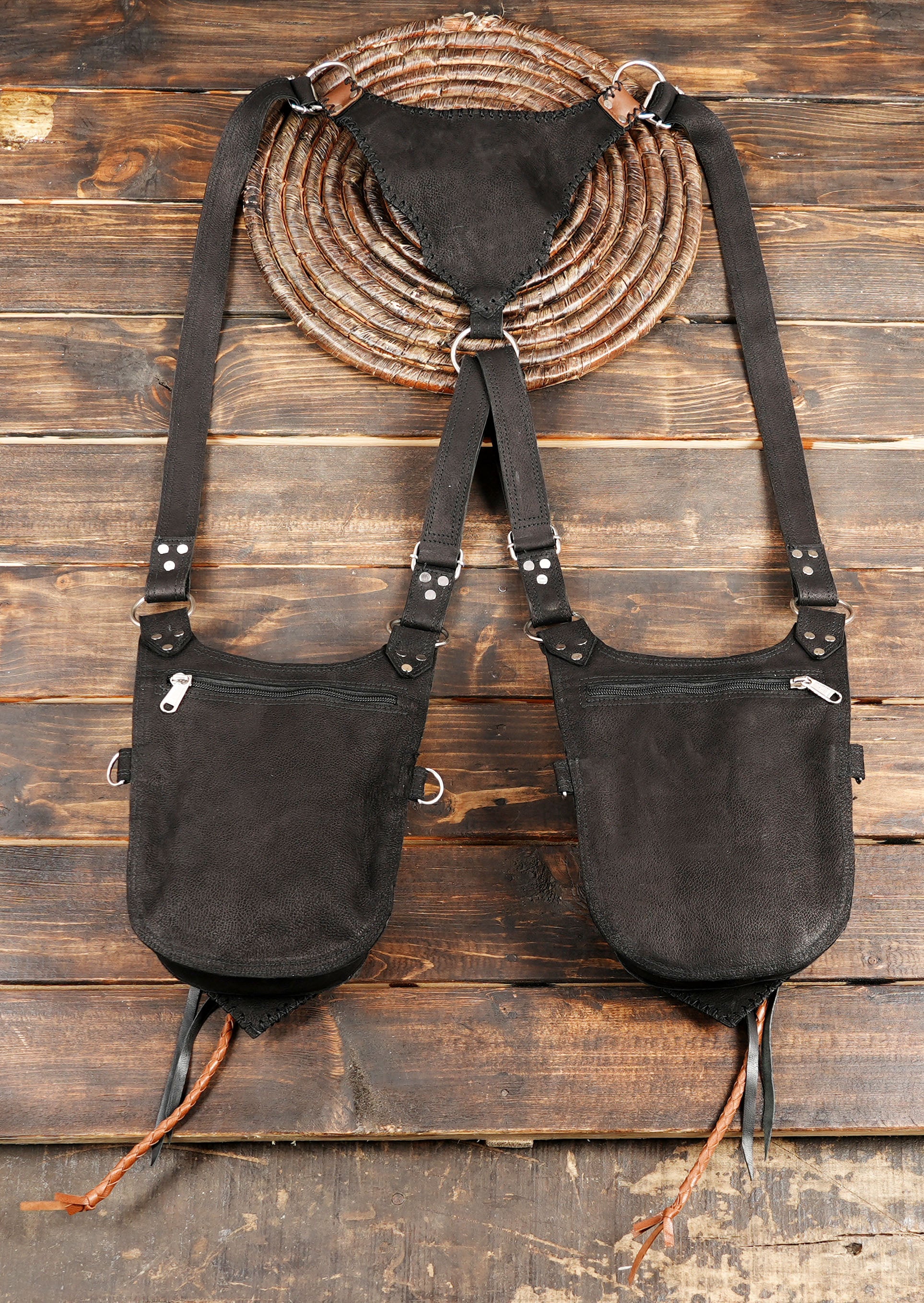 Adjustable dual pocket leather holster bag for festivals